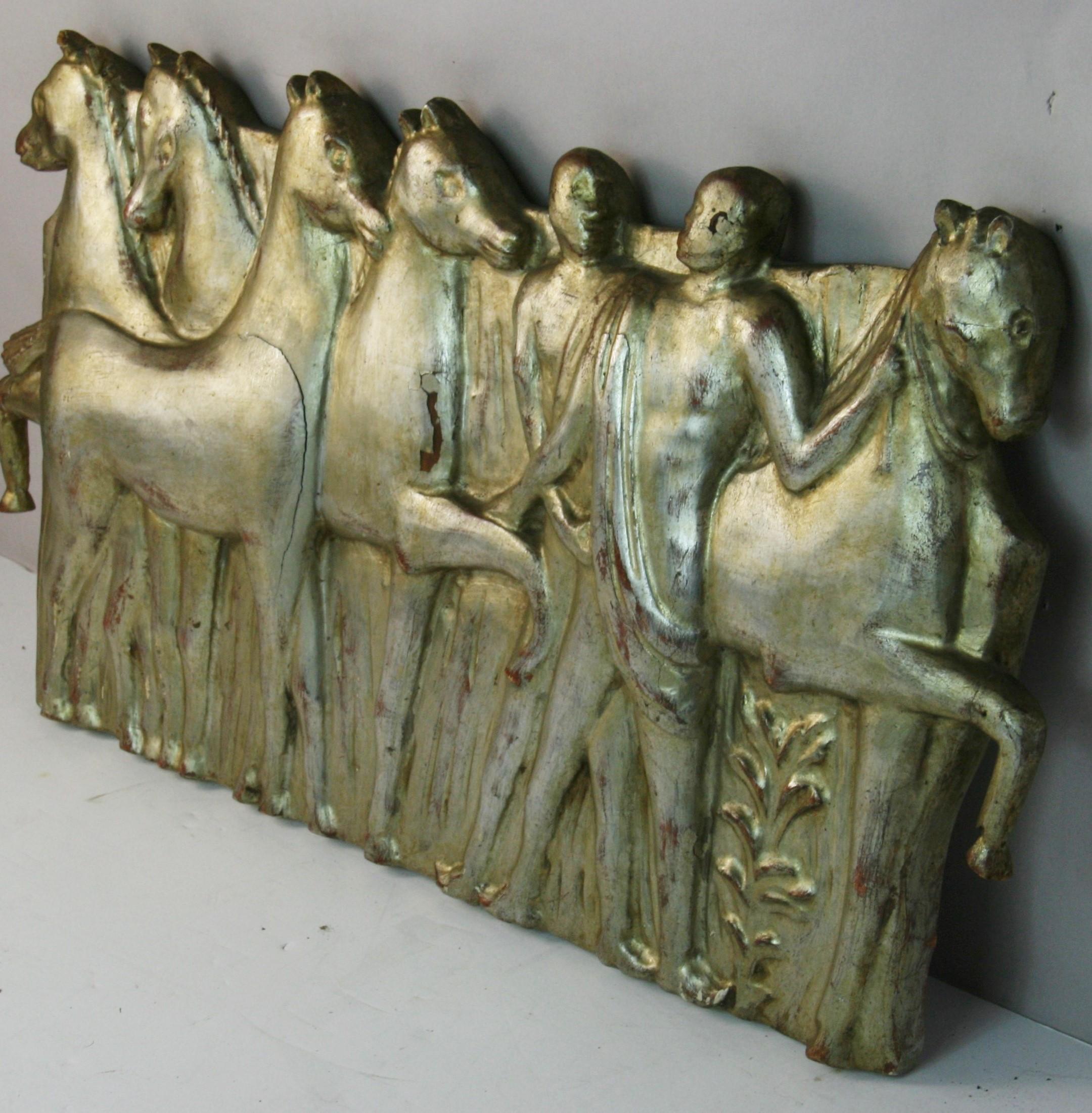 Italian Carved Equestrian Silvered Hand Carved Wood Relief Wall Sculpture For Sale 1