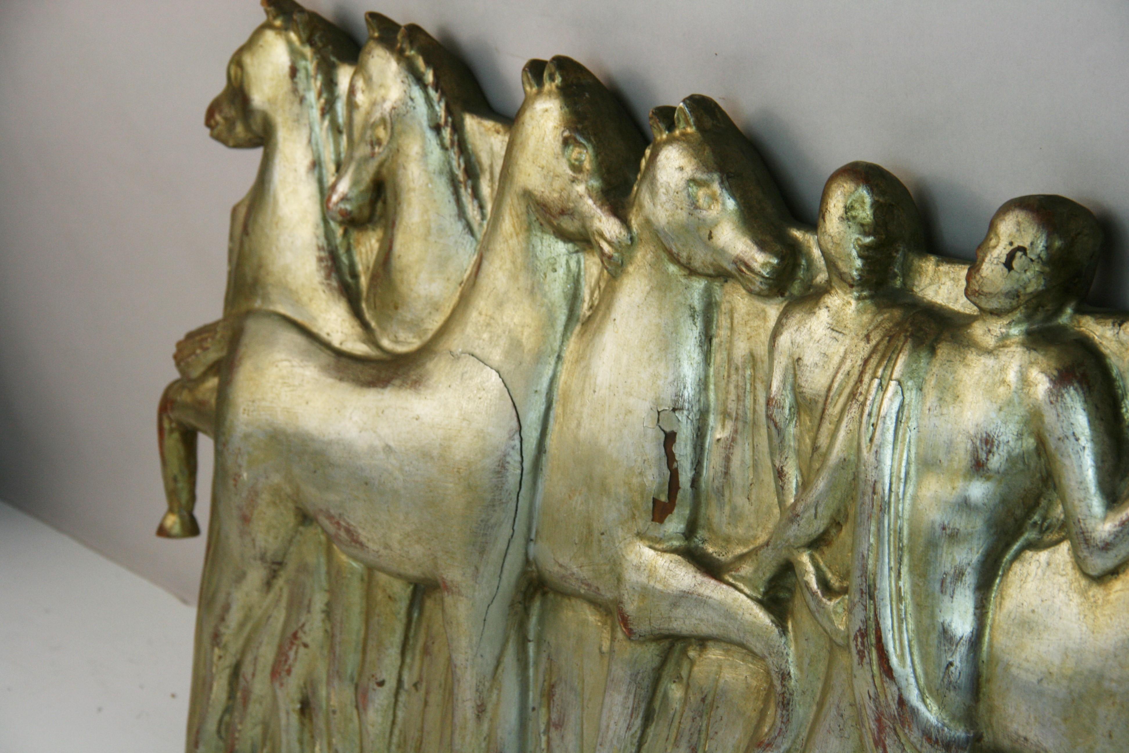 Italian Carved Equestrian Silvered Hand Carved Wood Relief Wall Sculpture For Sale 3