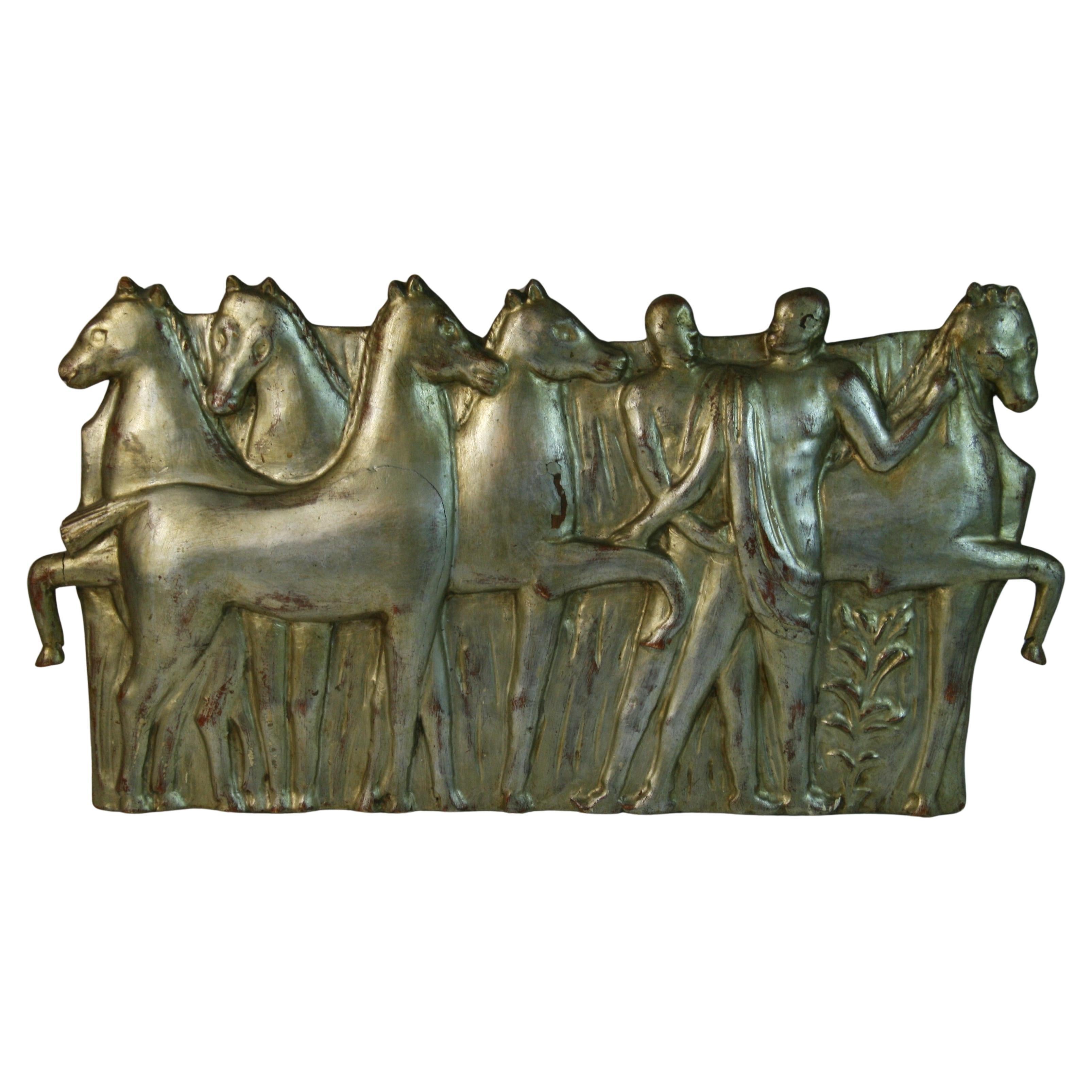 Escultura de Pared en Relieve de Madera Tallada a Mano, Plateada, Ecuestre Italiana