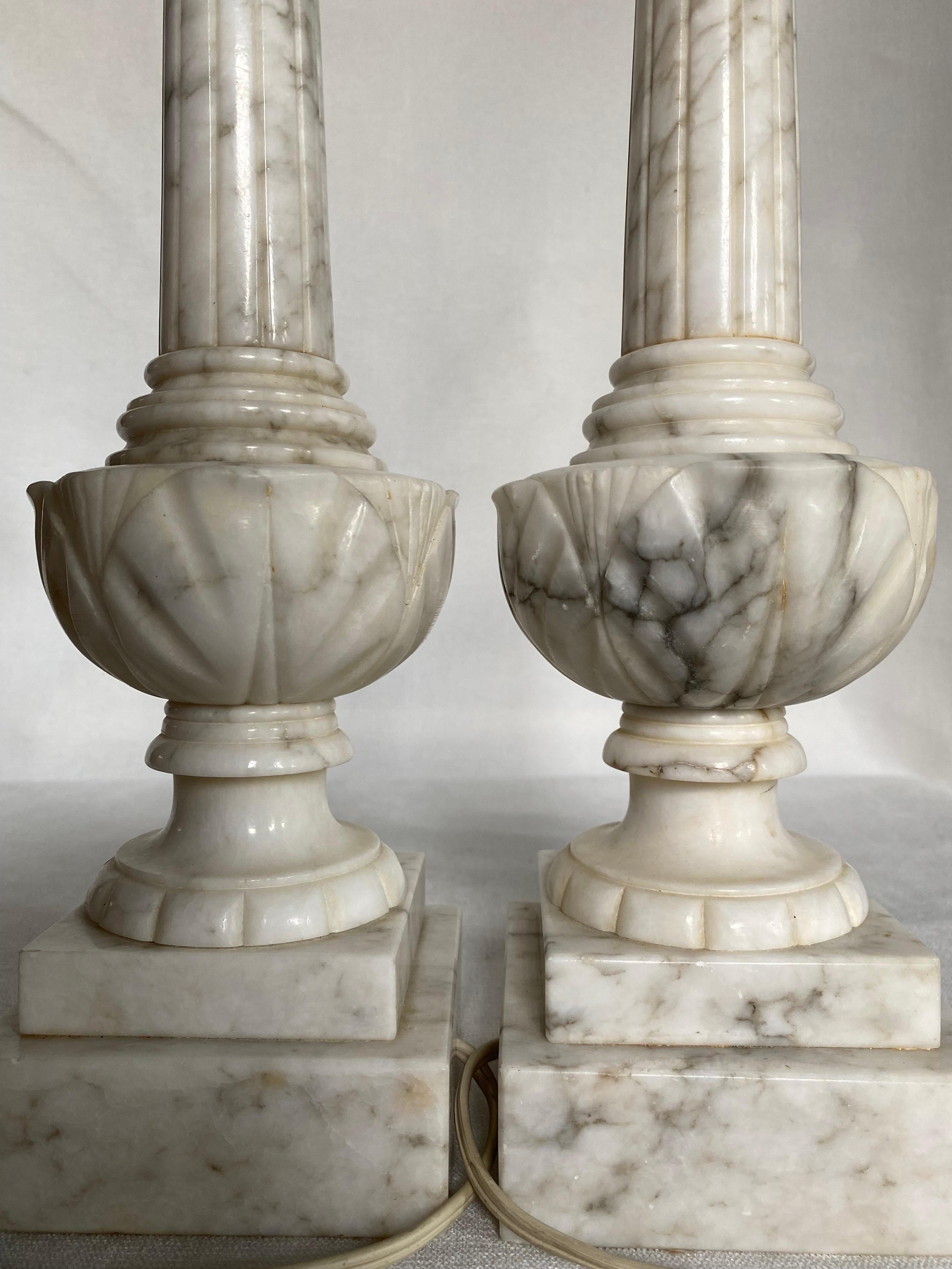 Italian Carved Fluted Column Marble Urn Table Lamps, Pair 4