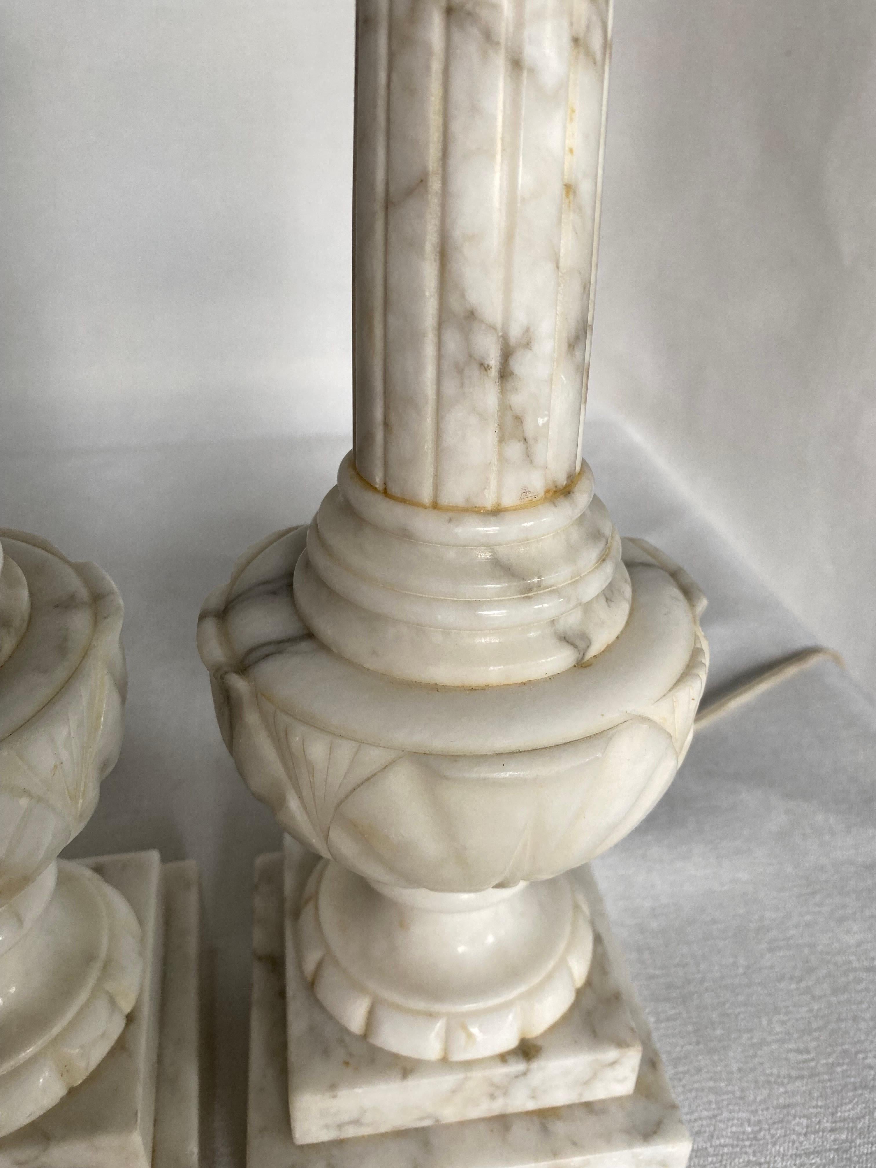 Italian Carved Fluted Column Marble Urn Table Lamps, Pair 5