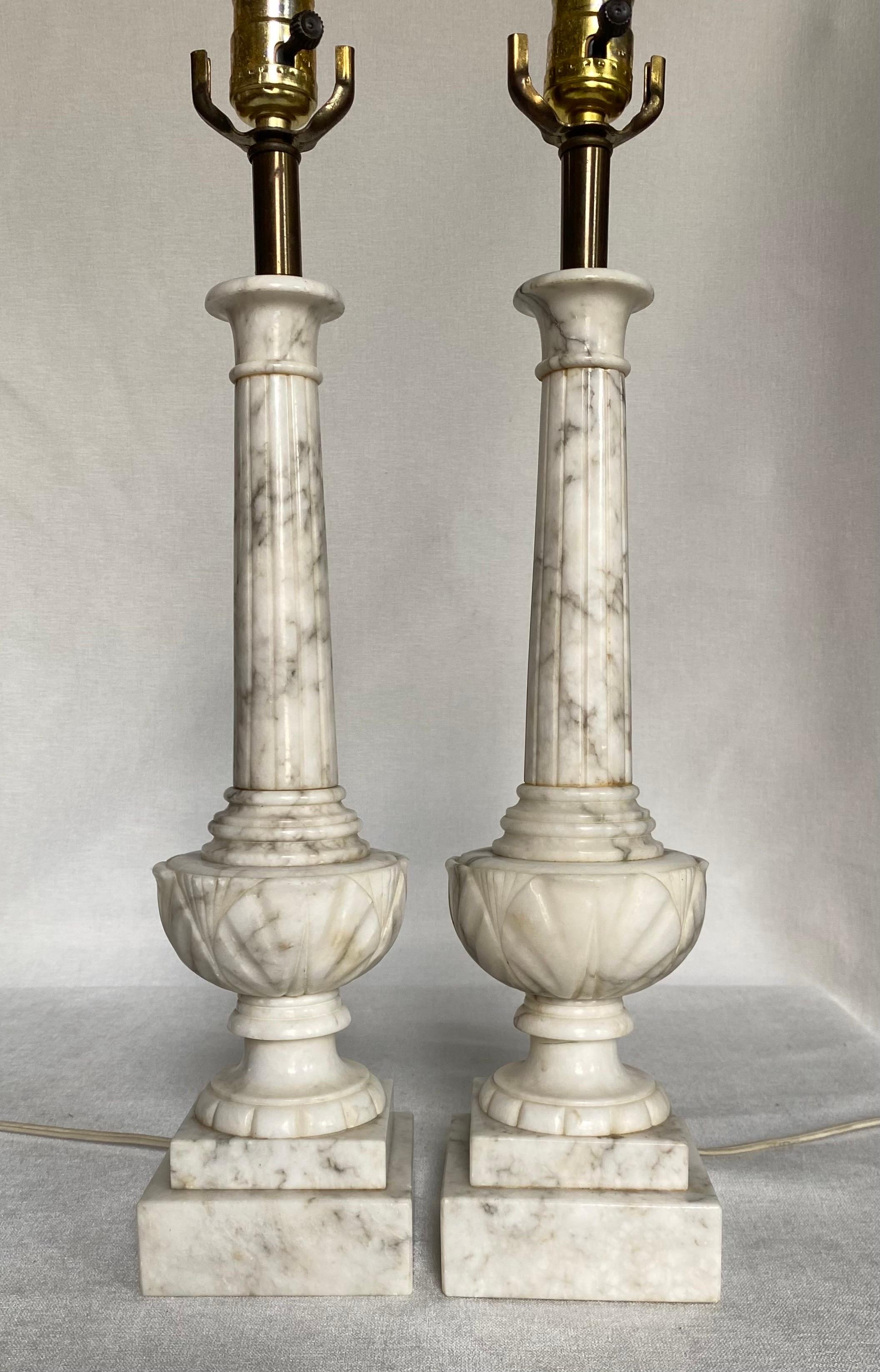 Neoclassical Italian Carved Fluted Column Marble Urn Table Lamps, Pair