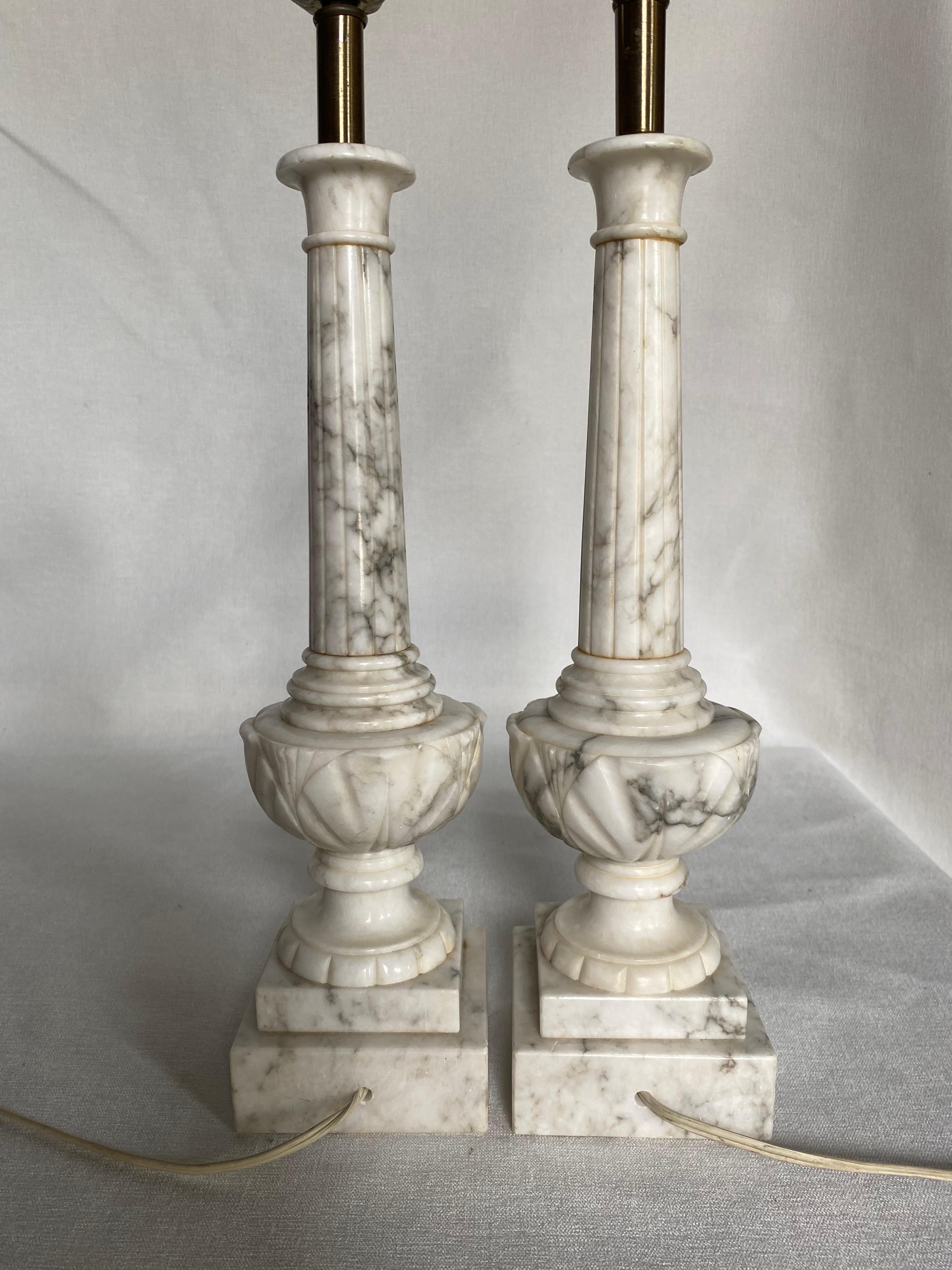 20th Century Italian Carved Fluted Column Marble Urn Table Lamps, Pair