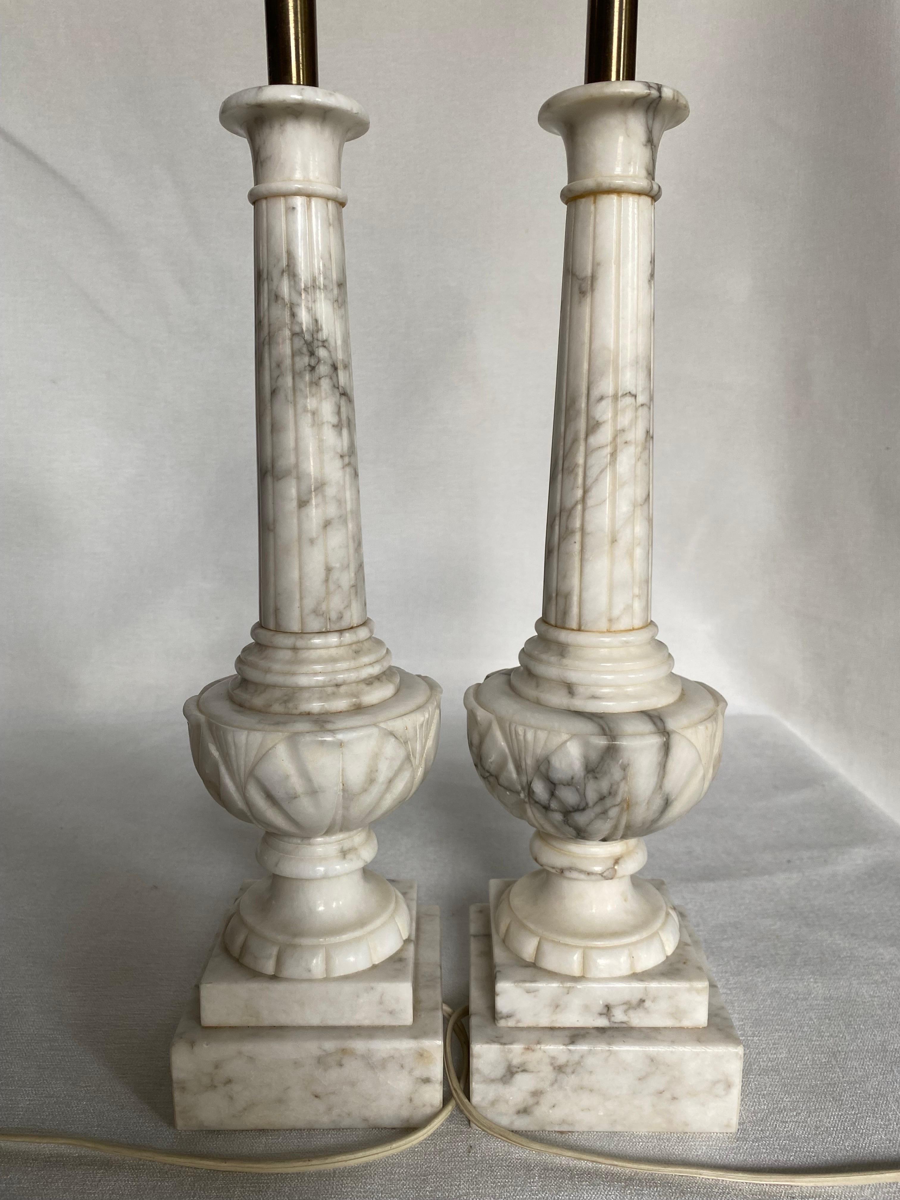 Brass Italian Carved Fluted Column Marble Urn Table Lamps, Pair