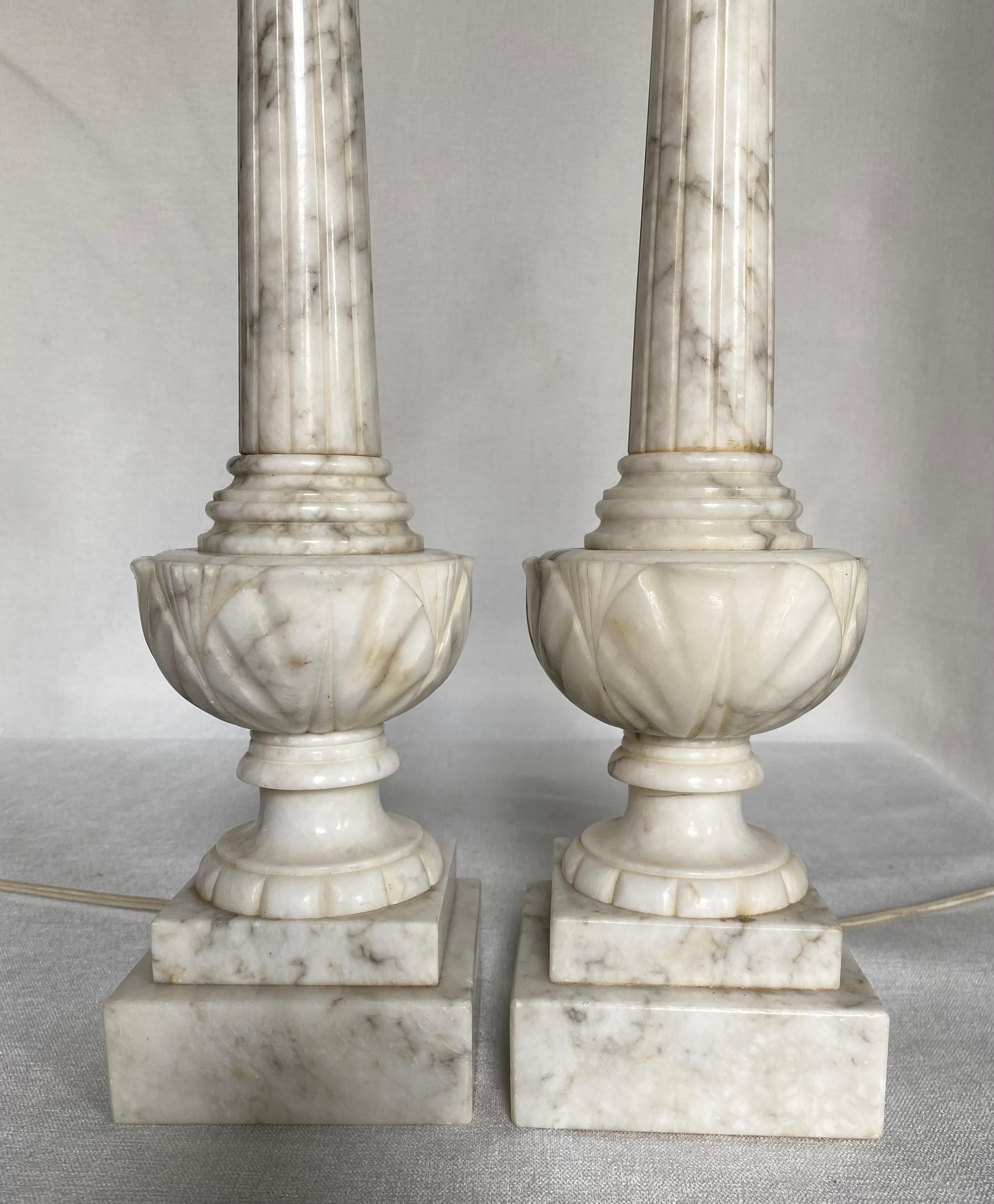Italian Carved Fluted Column Marble Urn Table Lamps, Pair 1