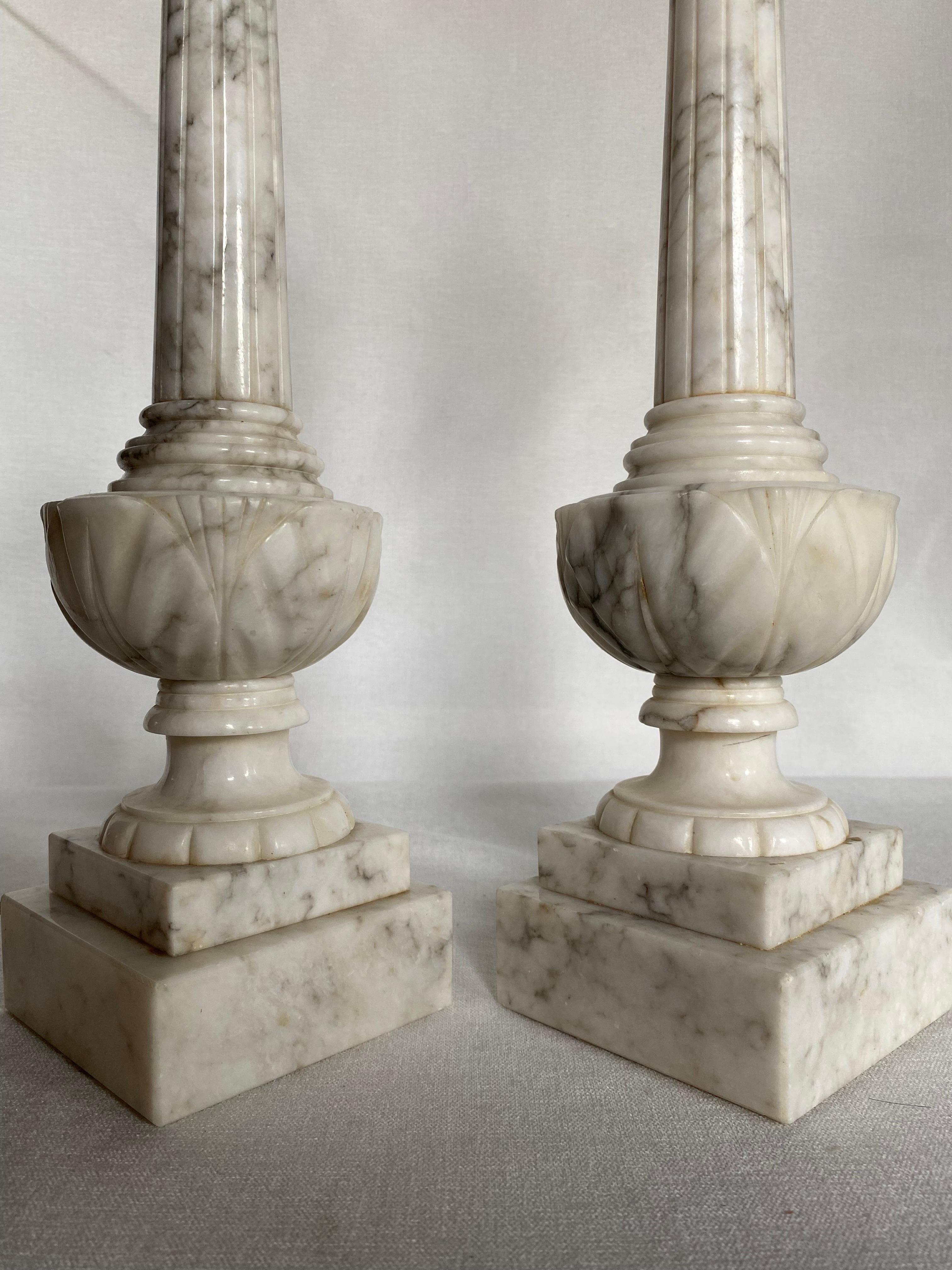 Italian Carved Fluted Column Marble Urn Table Lamps, Pair 3