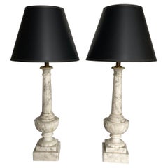 Italian Carved Fluted Column Marble Urn Table Lamps, Pair