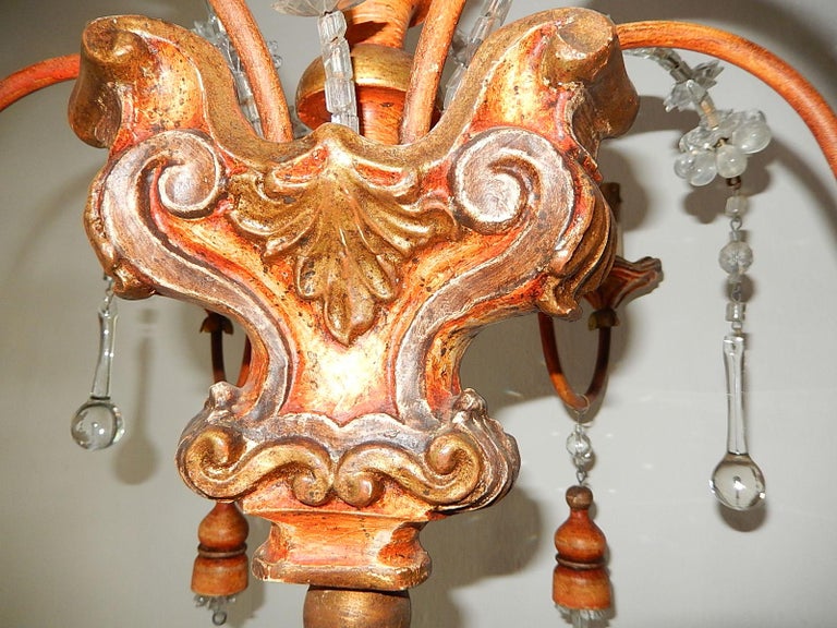 Italian Carved Genovese Wood Tassels Crystal Chandelier, circa 1900 For Sale 9