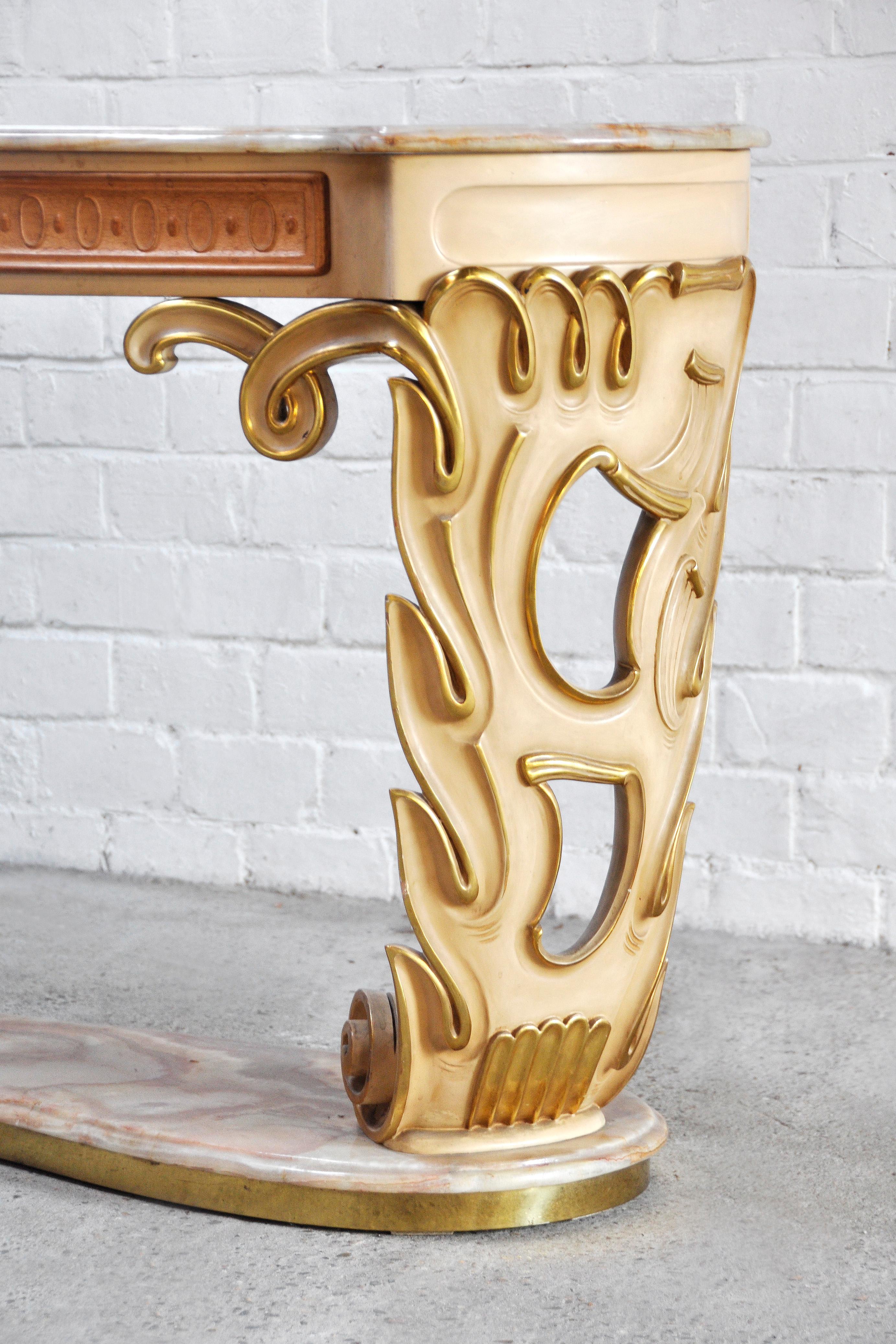 Art Deco Italian Carved & Gilded Wood Console with Onyx Top, 1940s For Sale