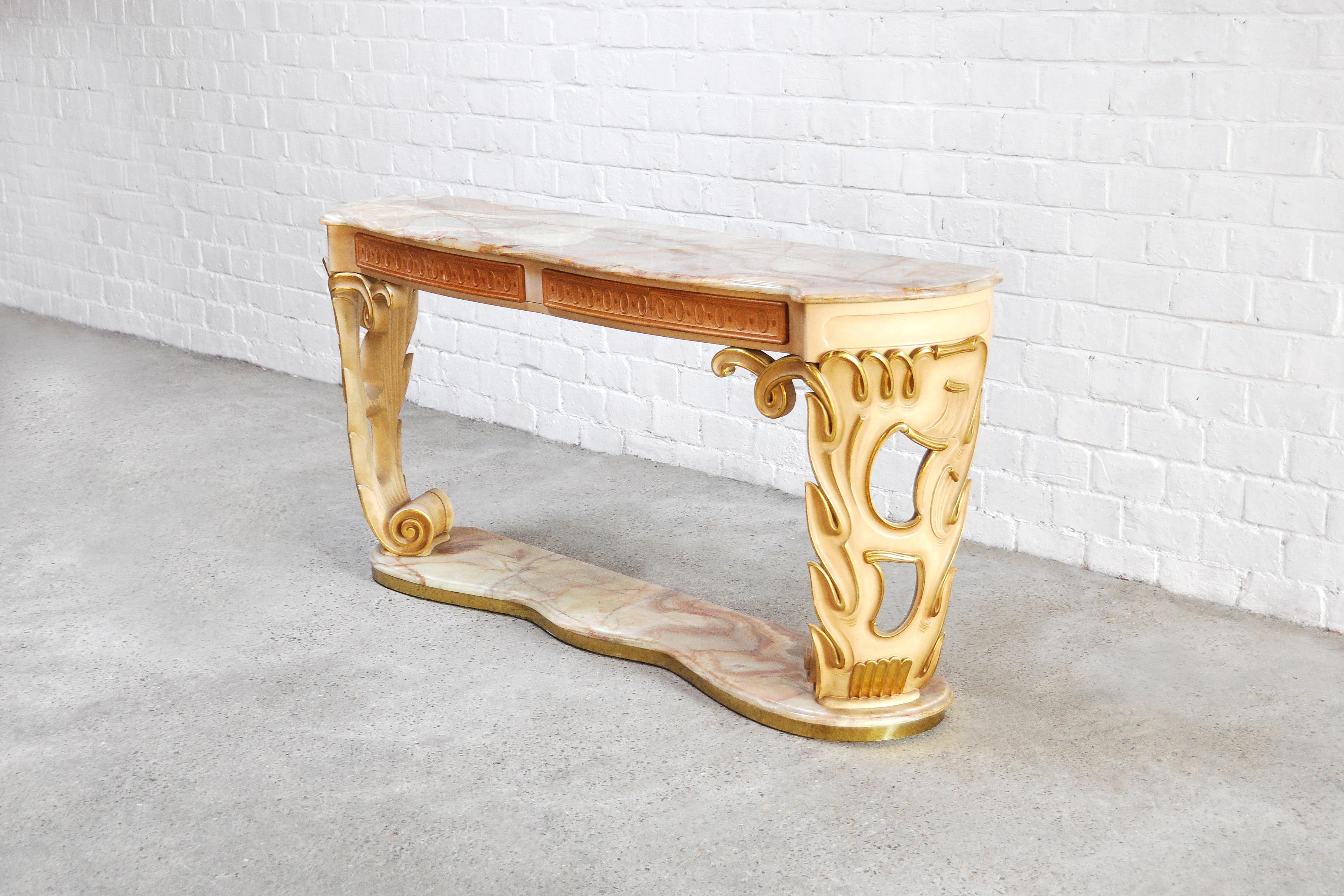 Italian Carved & Gilded Wood Console with Onyx Top, 1940s For Sale 1