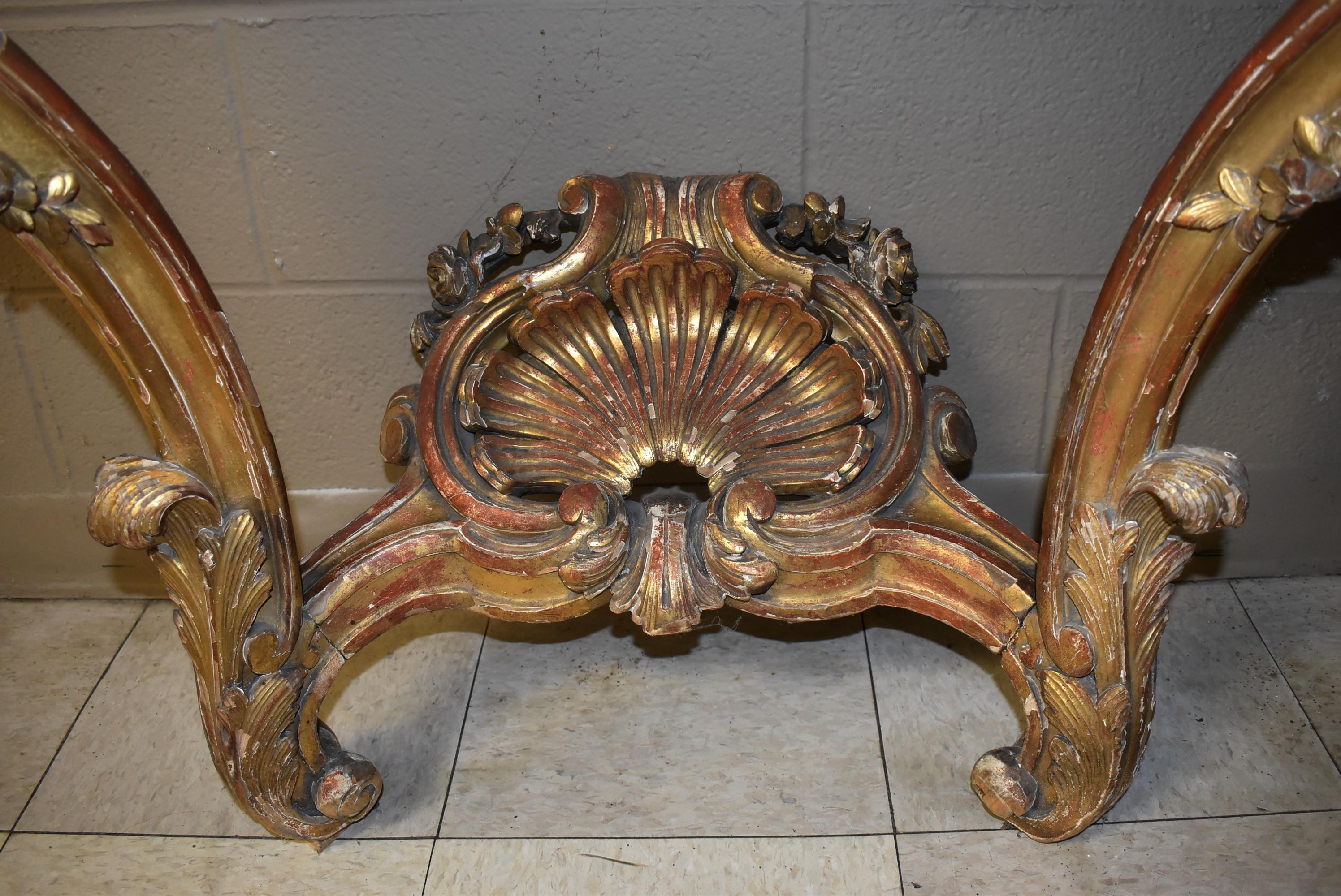 Rococo Italian Carved Gilt & Red Painted Wood Wall Mount Marble Top Table Shell Detail