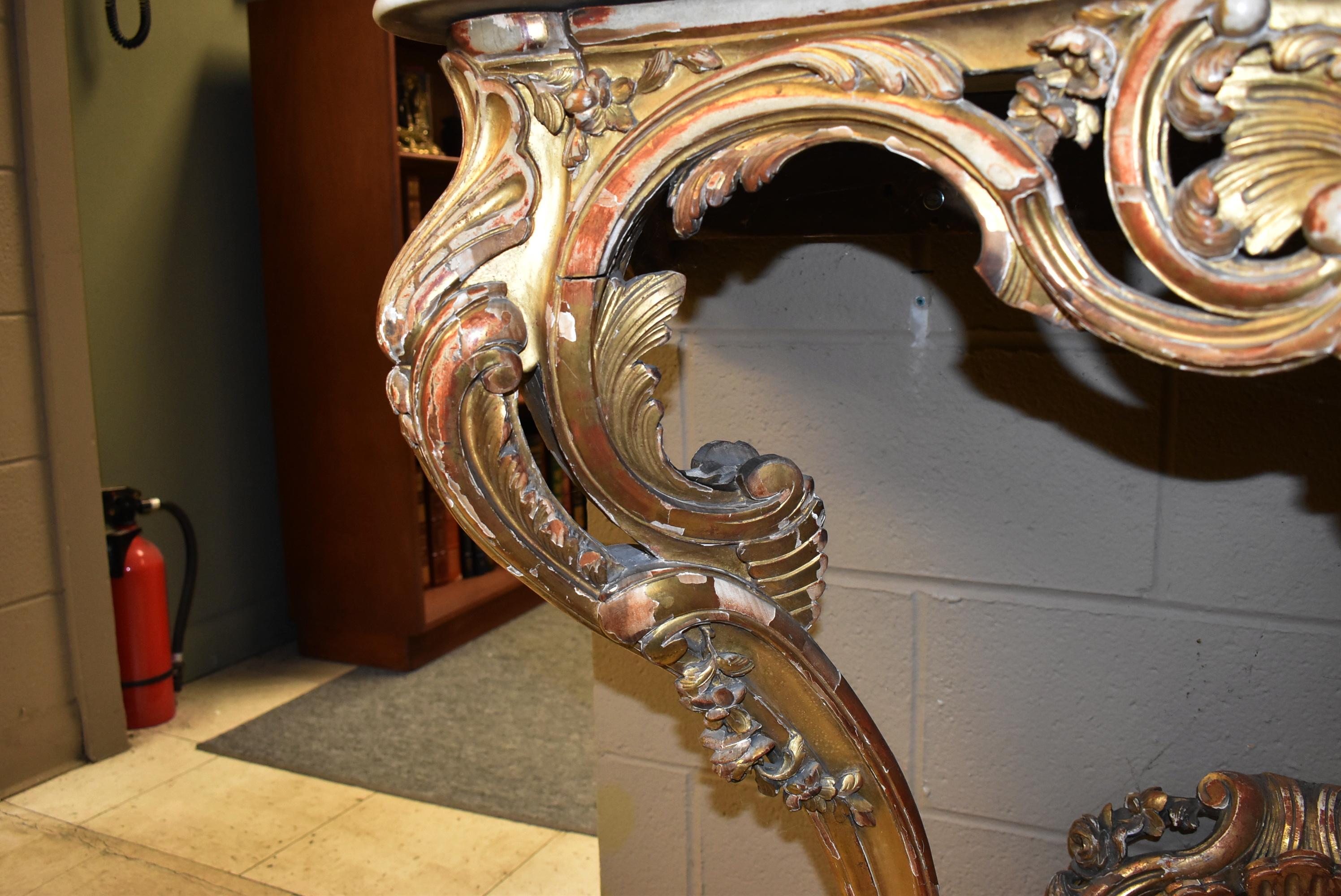 Late 19th Century Italian Carved Gilt & Red Painted Wood Wall Mount Marble Top Table Shell Detail