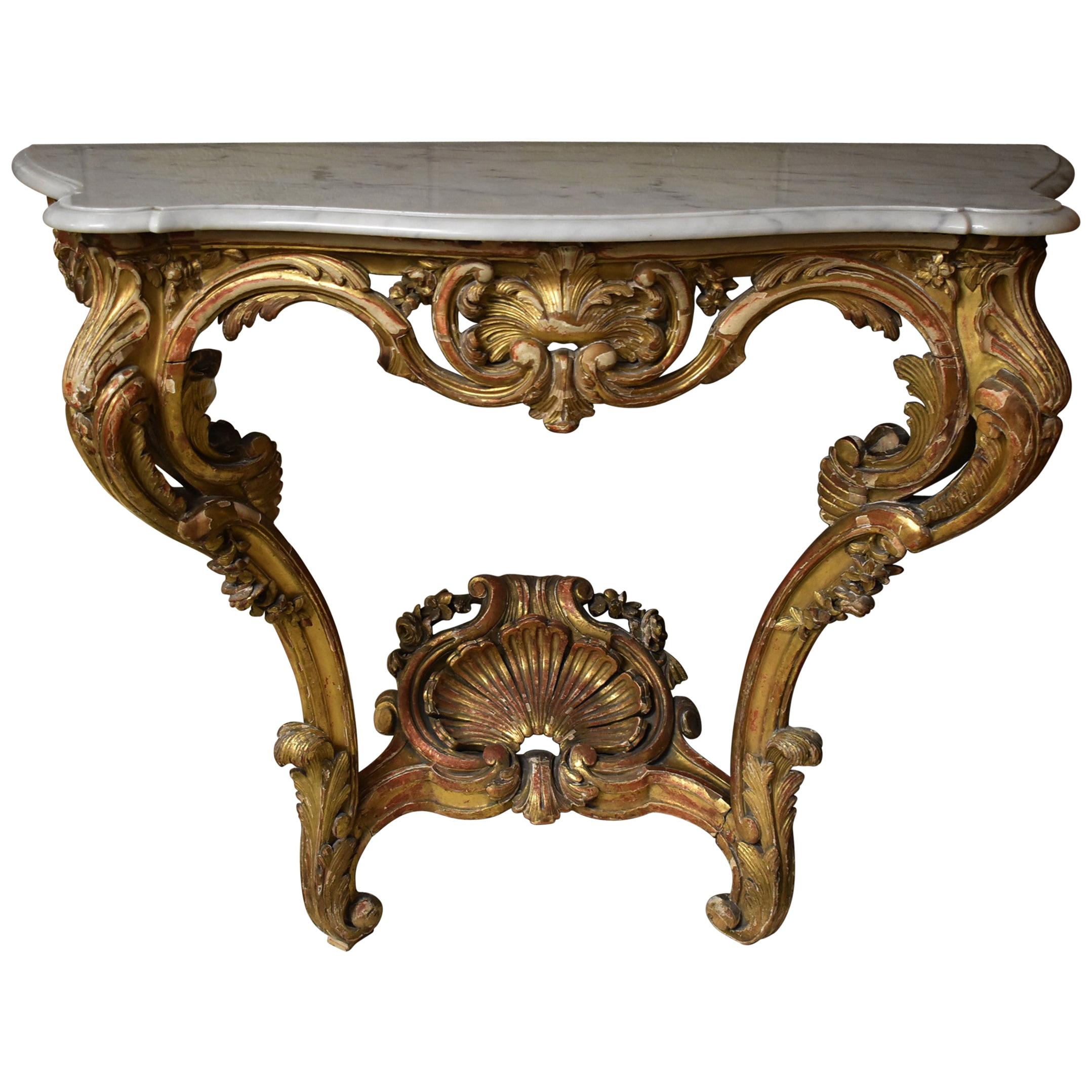 Italian Carved Gilt & Red Painted Wood Wall Mount Marble Top Table Shell Detail