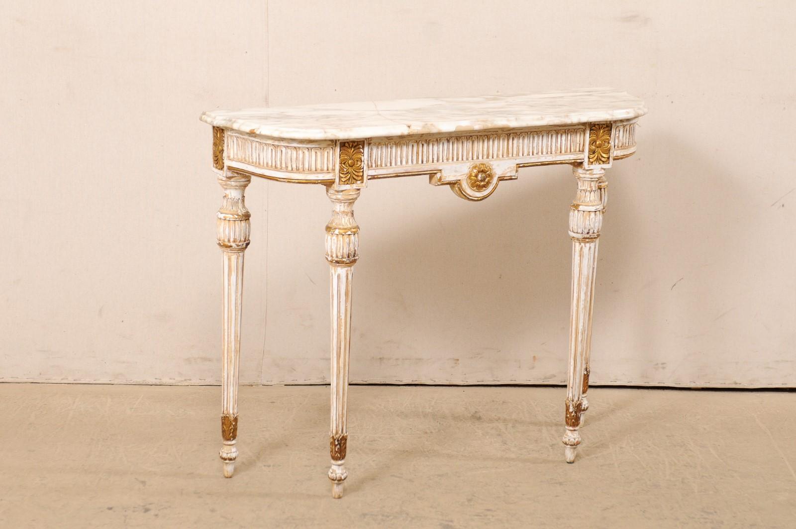 Italian Carved & Gilt Wood Console Table w/ Marble Top, Mid 20th Century In Good Condition In Atlanta, GA