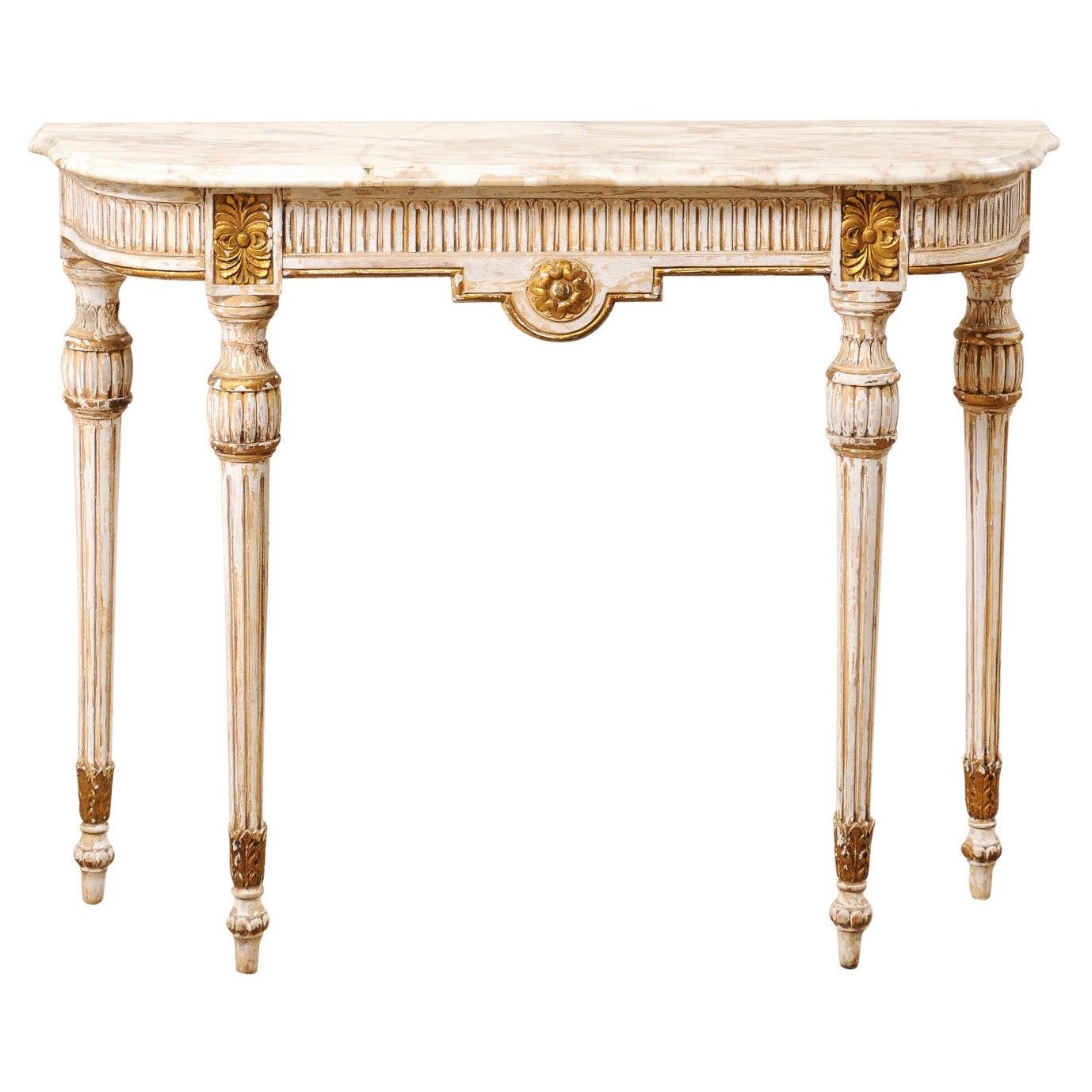 Italian Carved & Gilt Wood Console Table w/ Marble Top, Mid 20th Century