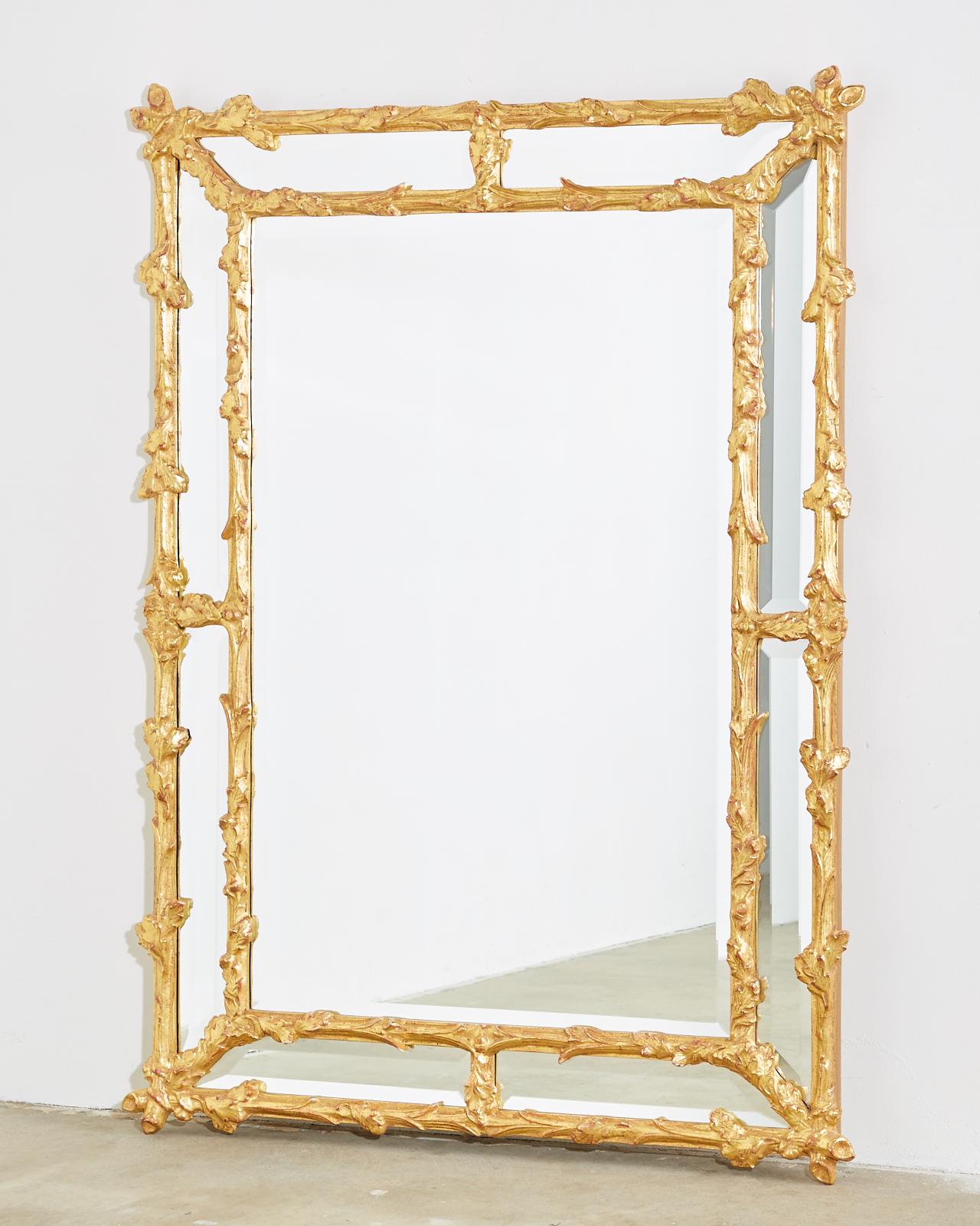 Hollywood Regency Italian Carved Gilt Wood Faux Bois Cushion Mirror 