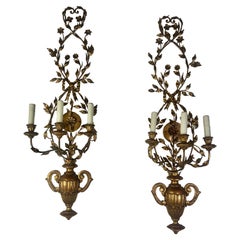 Italian Carved Gilt Wood 
Iron 3-Light Sconces C. 1930