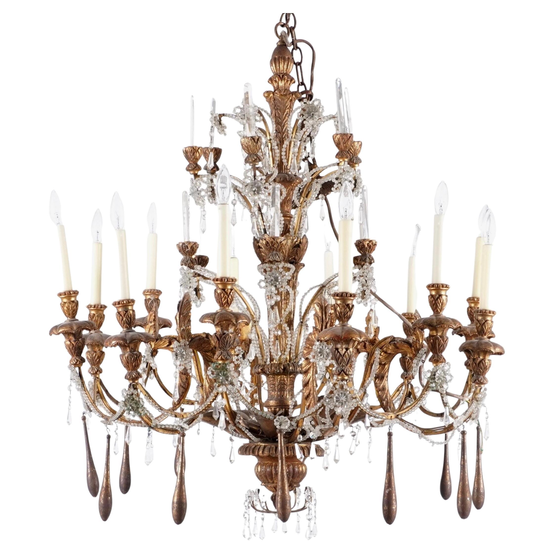 Italian Carved Gilt Wood & Iron Beaded Crystal Chandelier