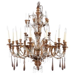 Italian Carved Gilt Wood & Iron Beaded Crystal Chandelier