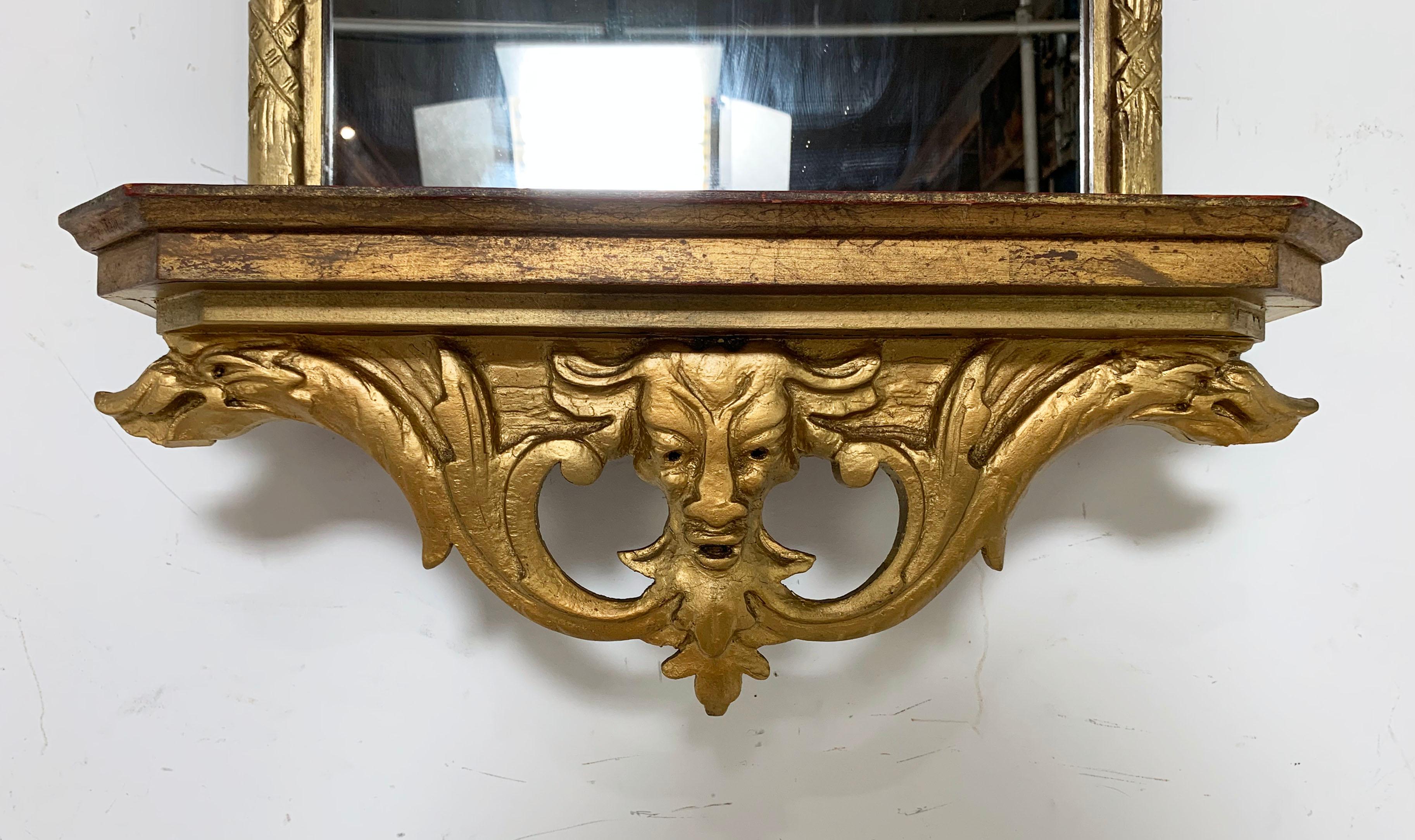 Hollywood Regency Italian Carved Giltwood Mirror with under Shelf, circa 1950s