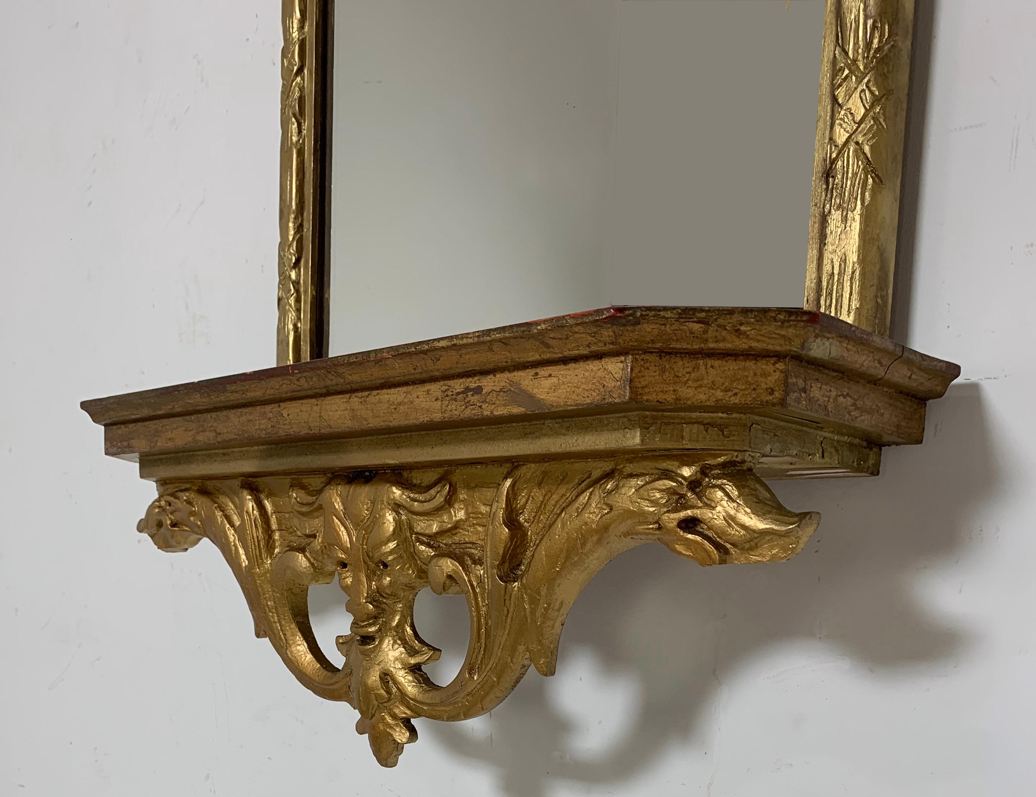 Italian Carved Giltwood Mirror with under Shelf, circa 1950s In Good Condition In Peabody, MA