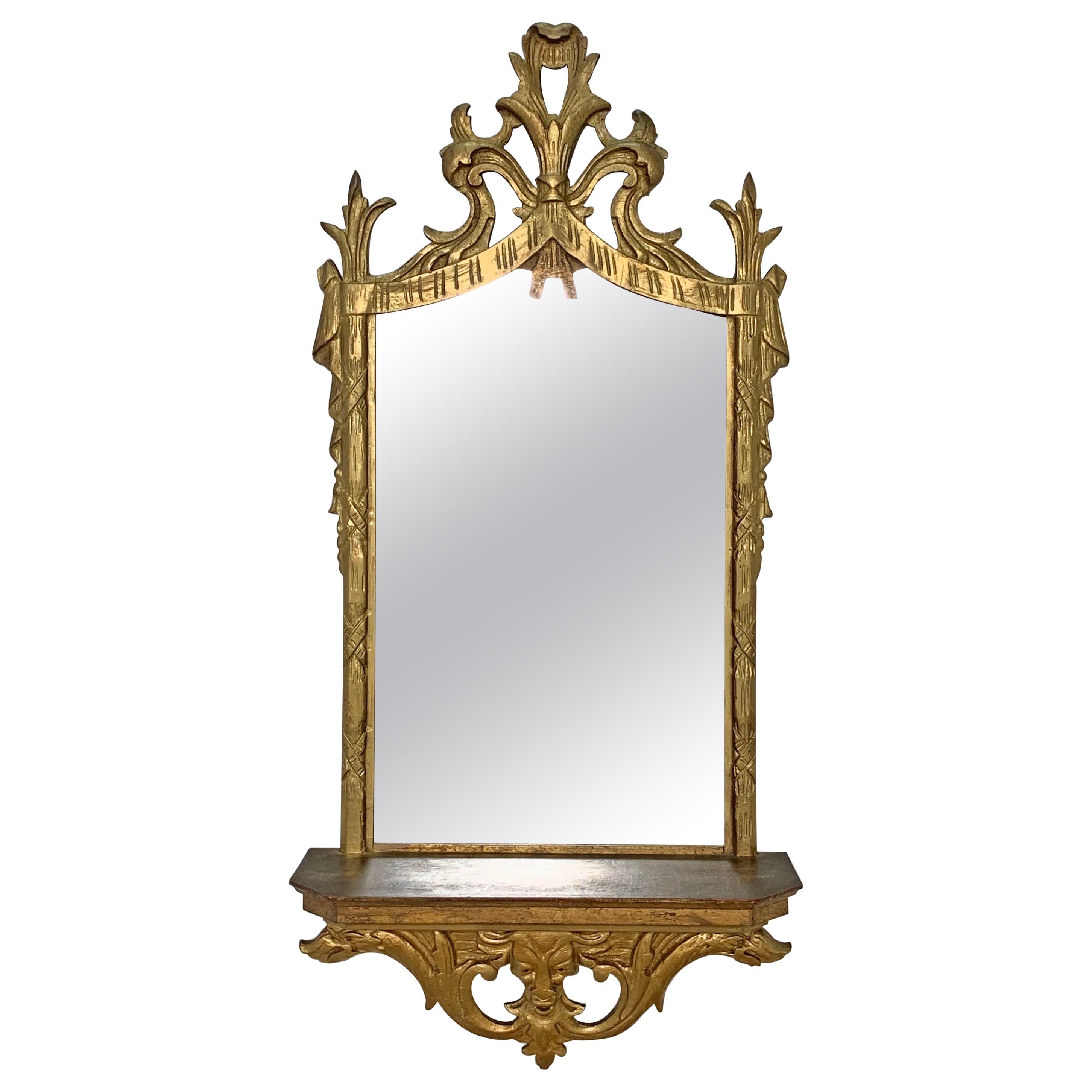 Italian Carved Giltwood Mirror with under Shelf, circa 1950s