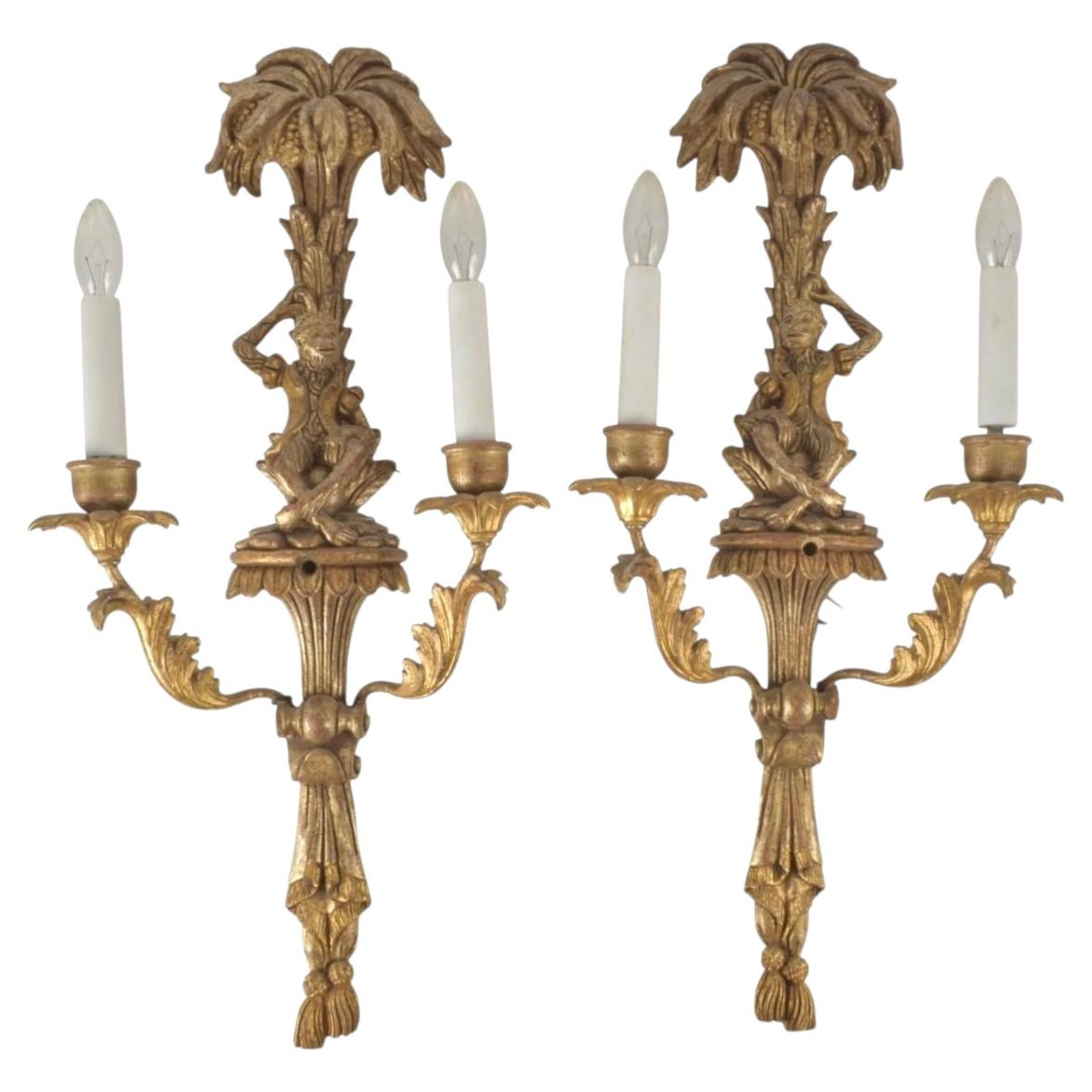 Italian Carved Gilt Wood Monkey Wall Sconces, A Pair