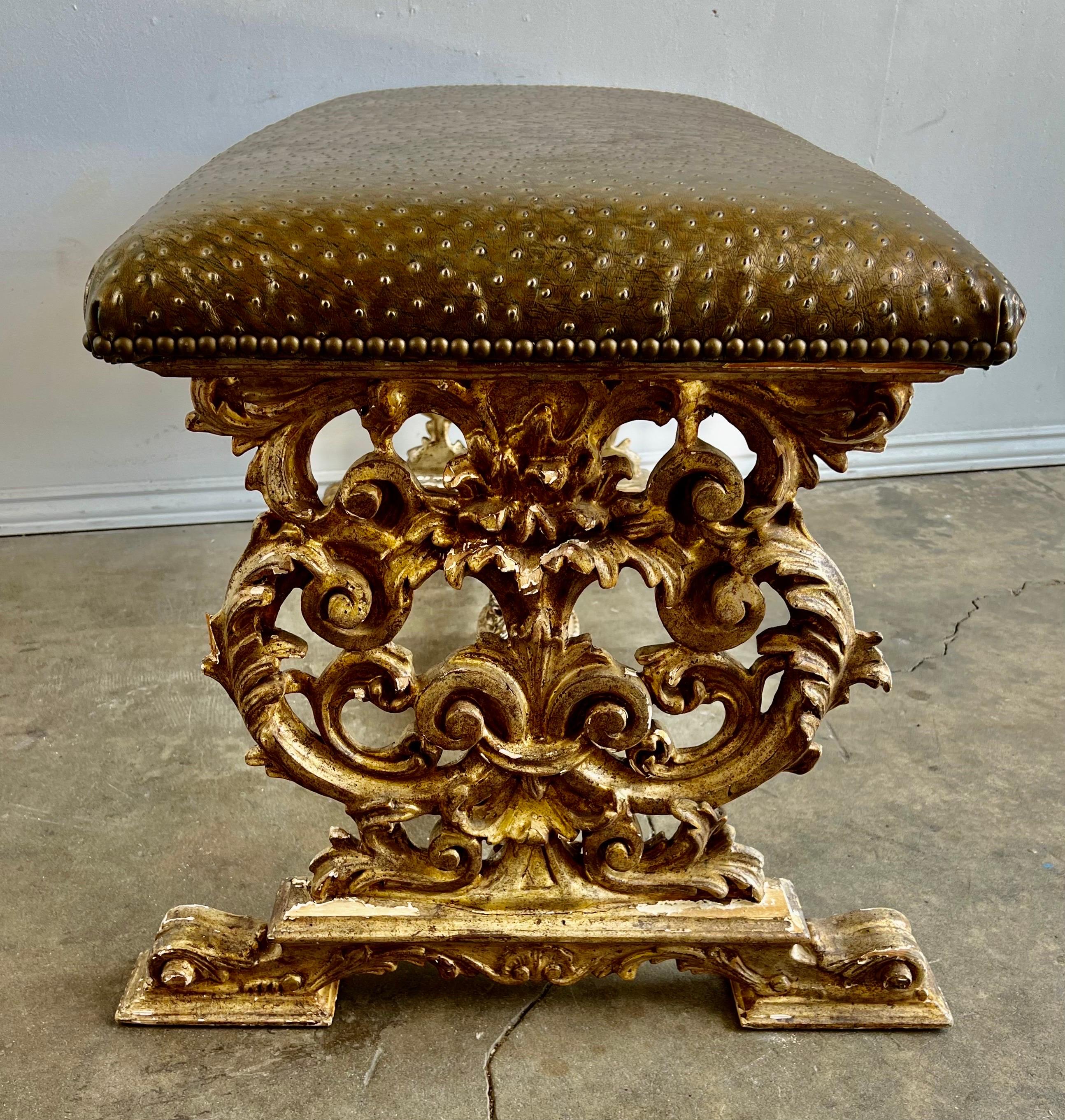 Italian Carved Giltwood Bench W/ Embossed Leather For Sale 9