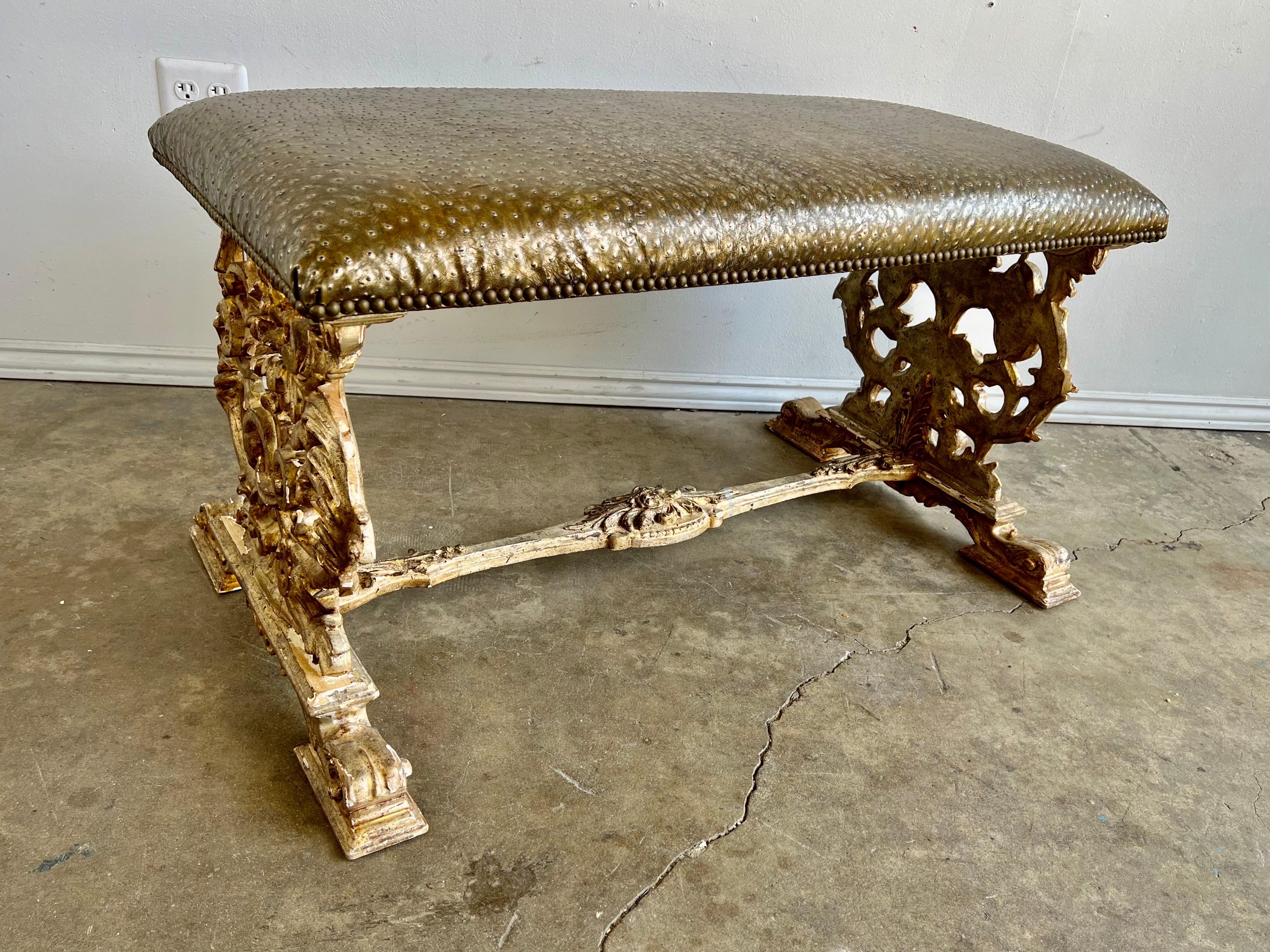 19th Century Italian Carved Giltwood Bench W/ Embossed Leather For Sale