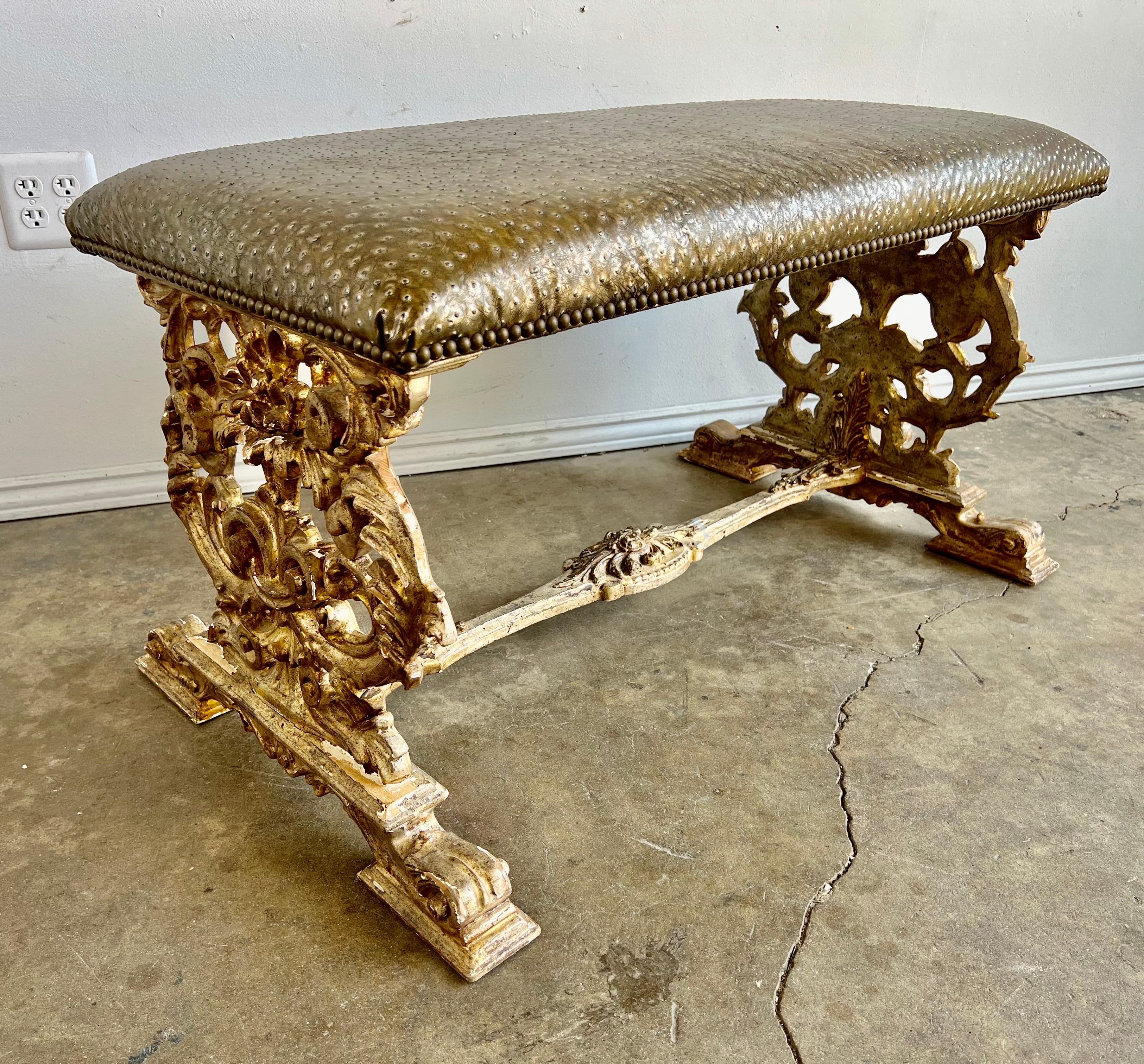 Italian Carved Giltwood Bench W/ Embossed Leather For Sale 2