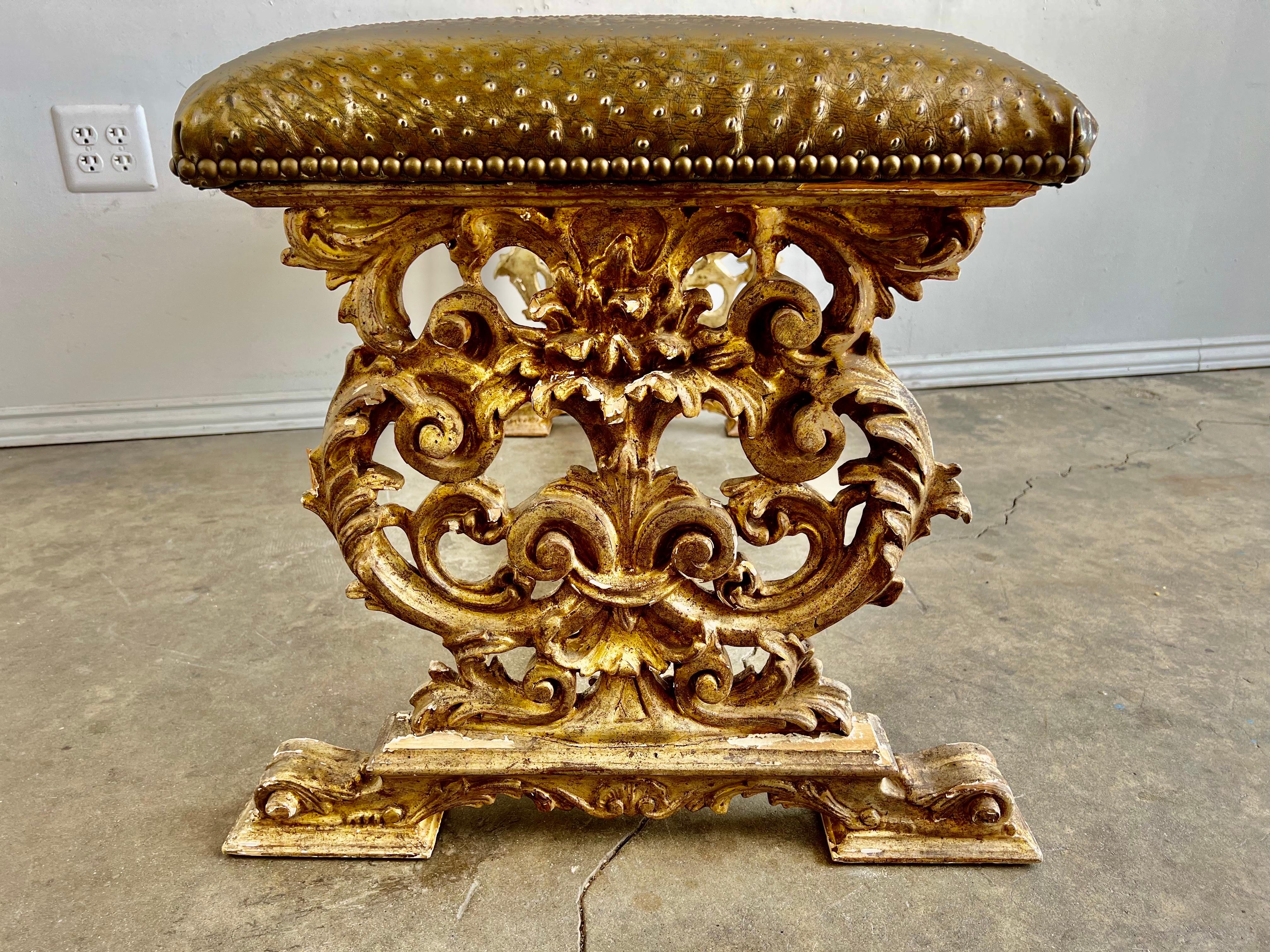 Italian Carved Giltwood Bench W/ Embossed Leather For Sale 4