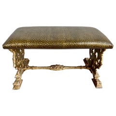 Banco italiano de madera de giltwood tallada con cuero repujado