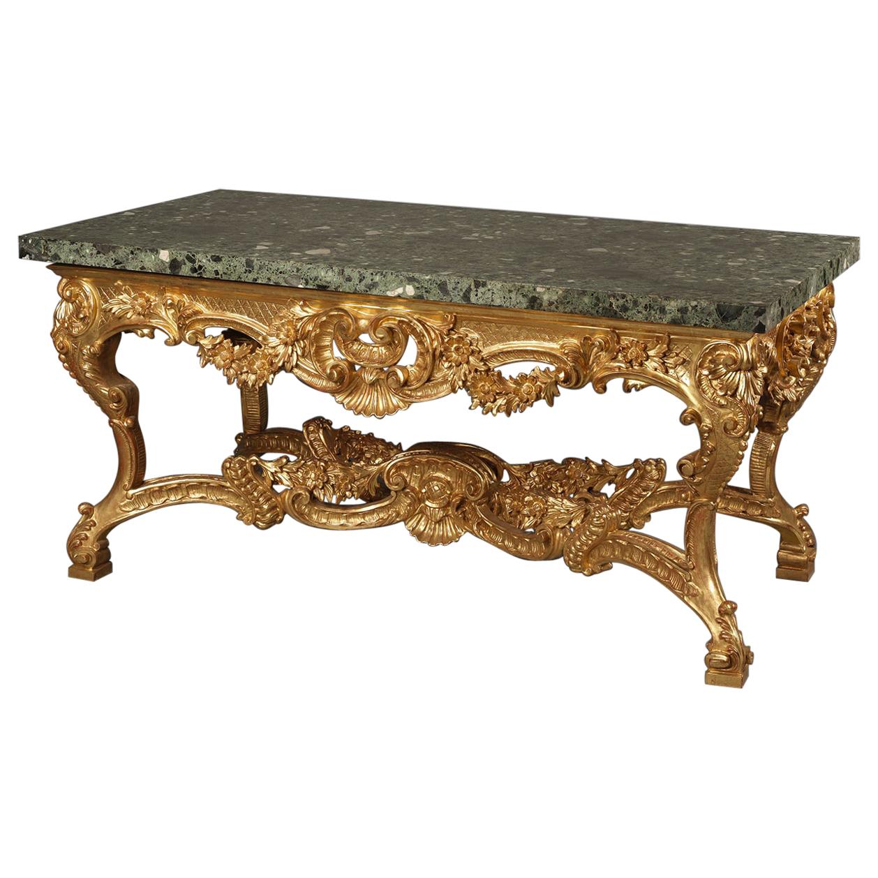 Italian Carved Giltwood Centre Table with a Verde Antico Marble Top, circa 1860 For Sale