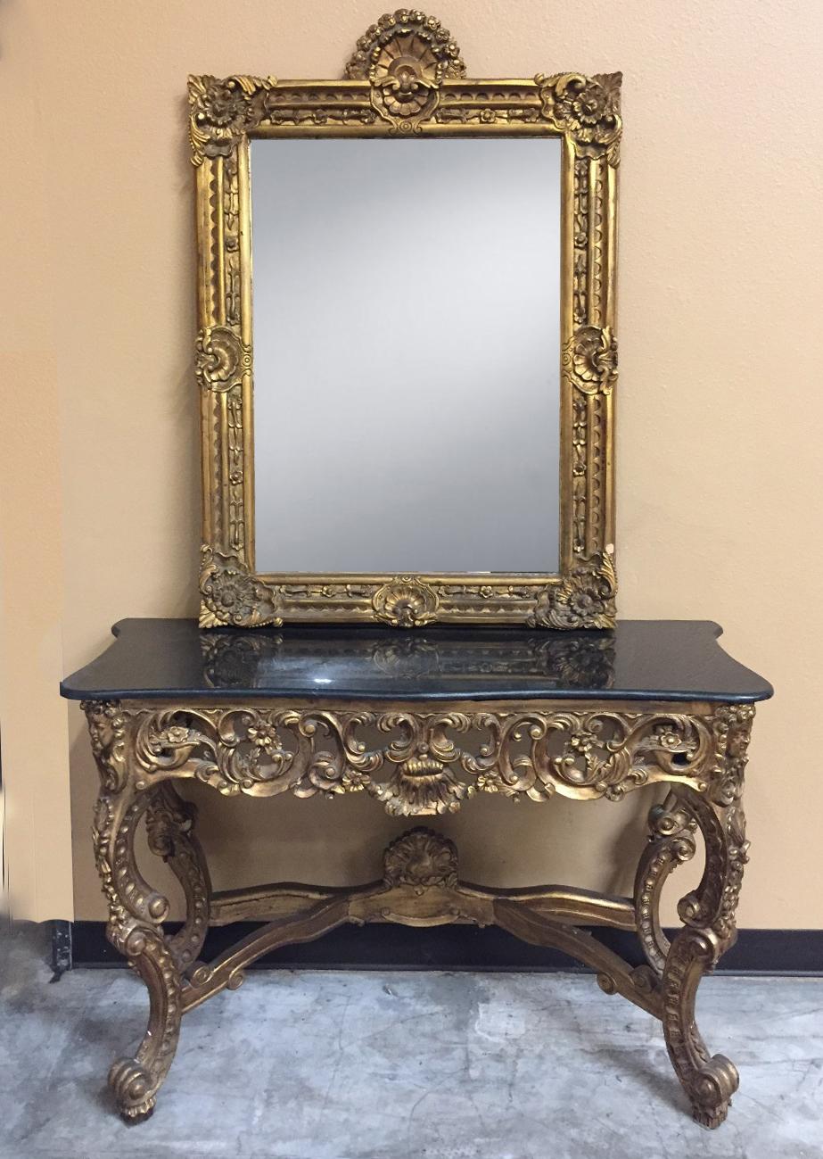 Français Console et miroir en bois doré sculpté italien