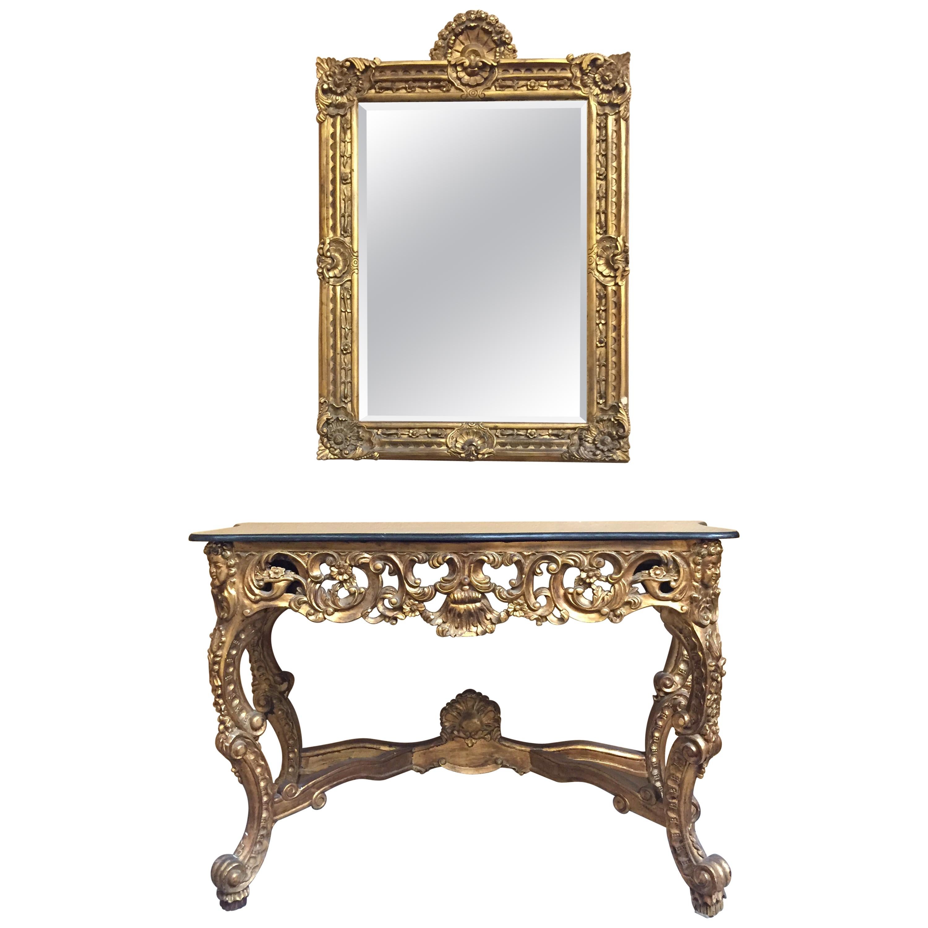 Italian Carved Giltwood Console and Mirror