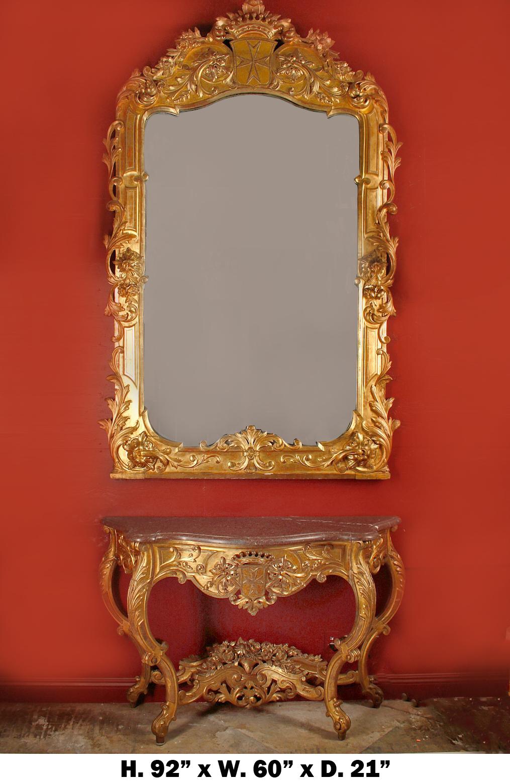 Rococo Italian Carved Giltwood Console and Mirror, Maltese 19th Century