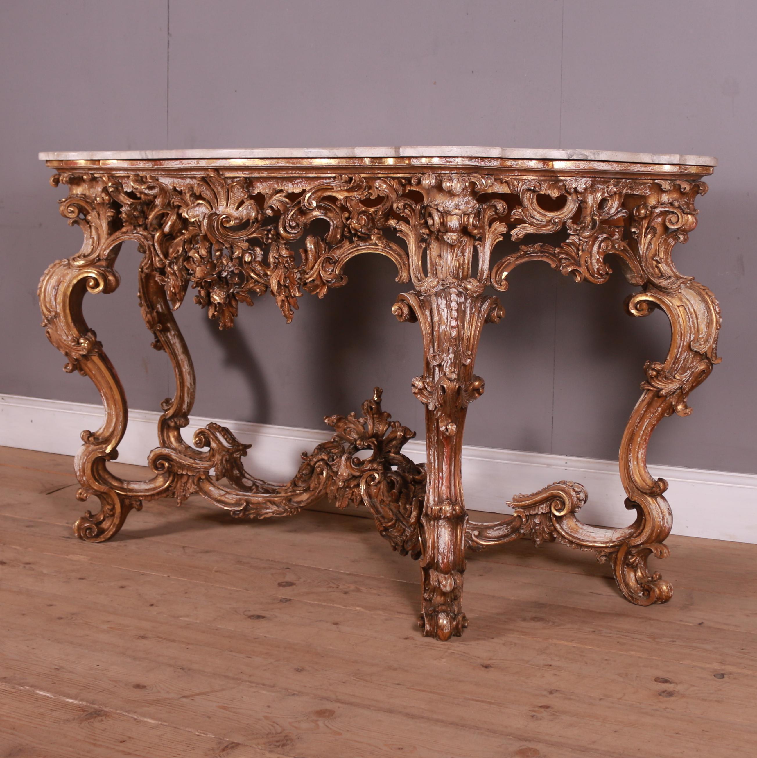 Early 20th C Italian carved giltwood console table with faux marble top. 1920.

Reference: 7377

Dimensions
68.5 inches (174 cms) Wide
24 inches (61 cms) Deep
37 inches (94 cms) High.