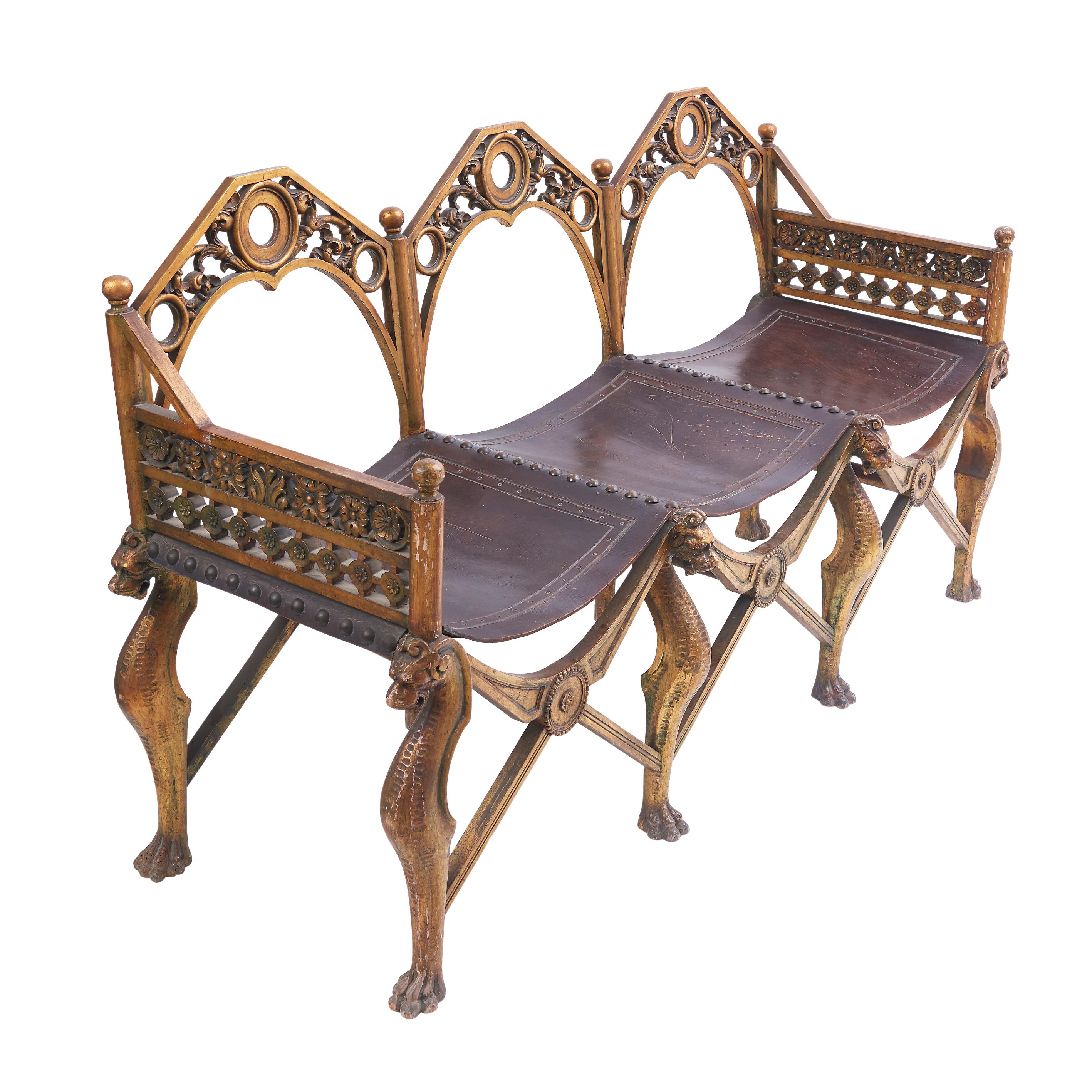 Early 20th Century Italian Carved Giltwood Gothic Triple Back Sofa and Armchair c.1910 For Sale