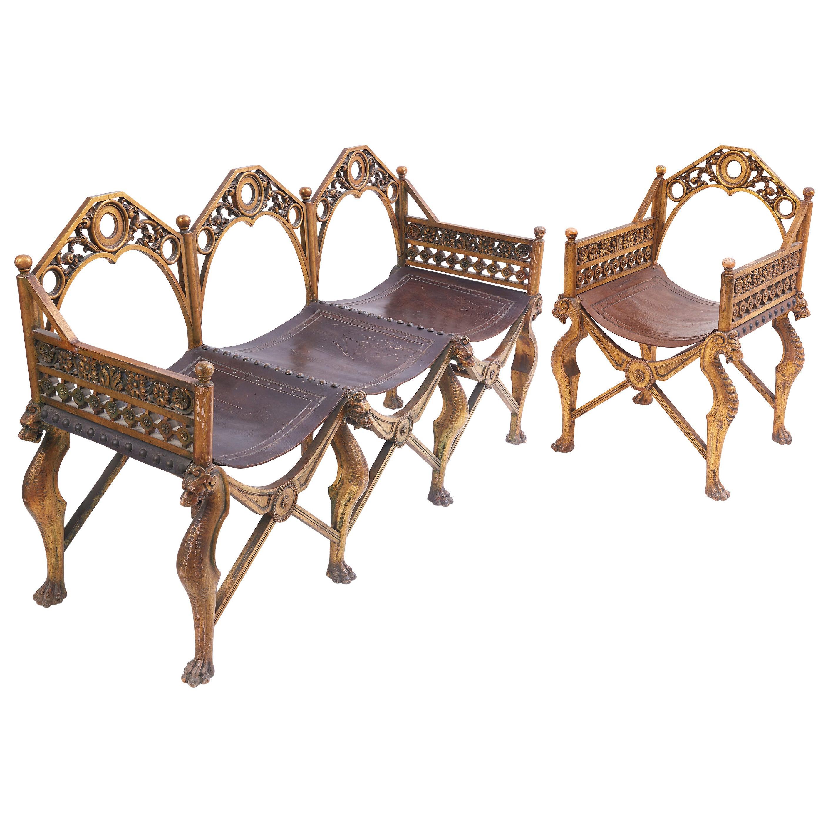 Italian Carved Giltwood Gothic Triple Back Sofa and Armchair c.1910 For Sale