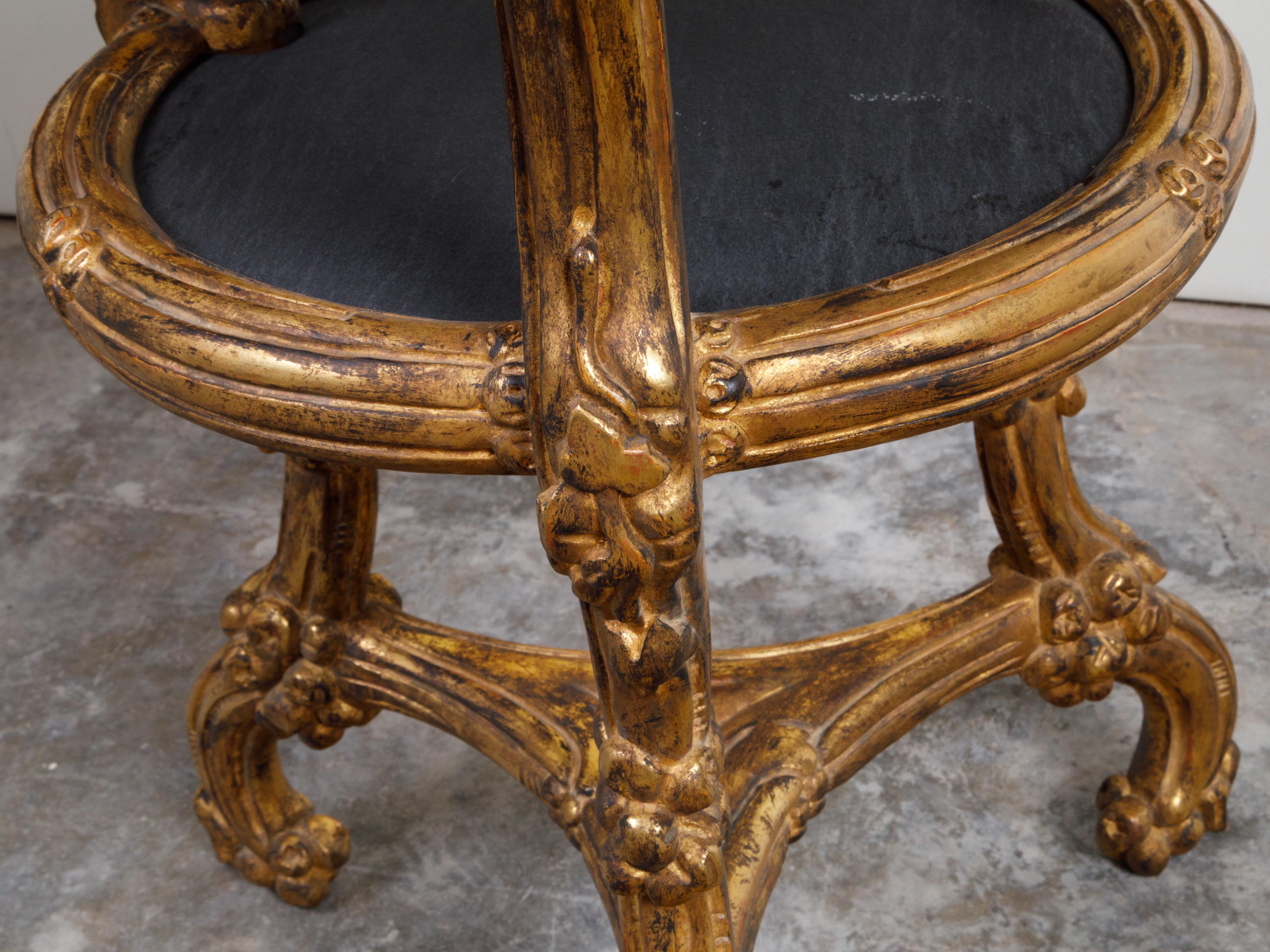 20th Century Italian Carved Giltwood Side Table with Slate Top, Shelf and Floral Motifs For Sale