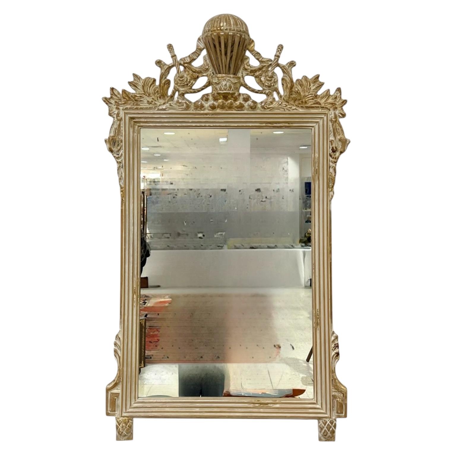 Italian Carved Giltwood & Whitewashed French Empire Style Balloon Wall Mirror For Sale 3