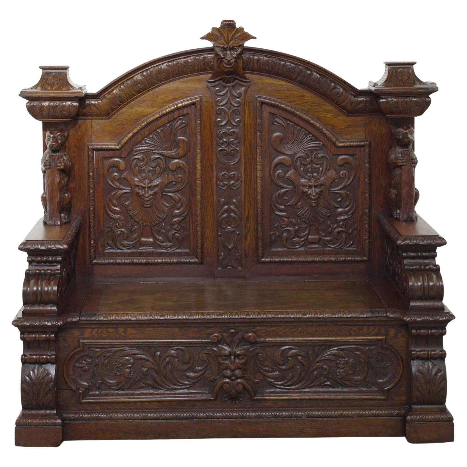 Italian Carved Hall Bench Renaissance Oak Settle