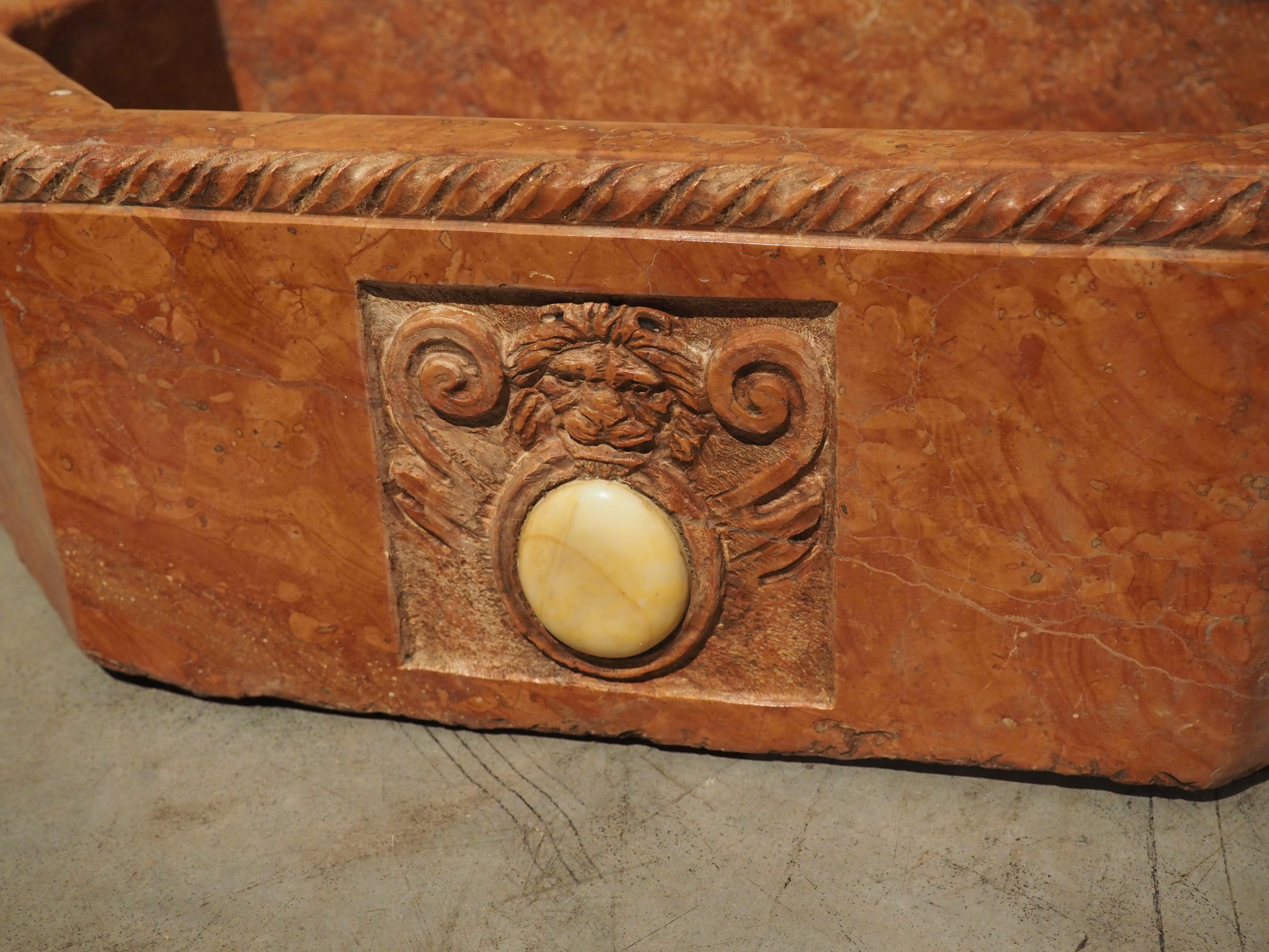 Italian Carved Hexagonal Marble Basin or Planter with Lion Cartouche 6