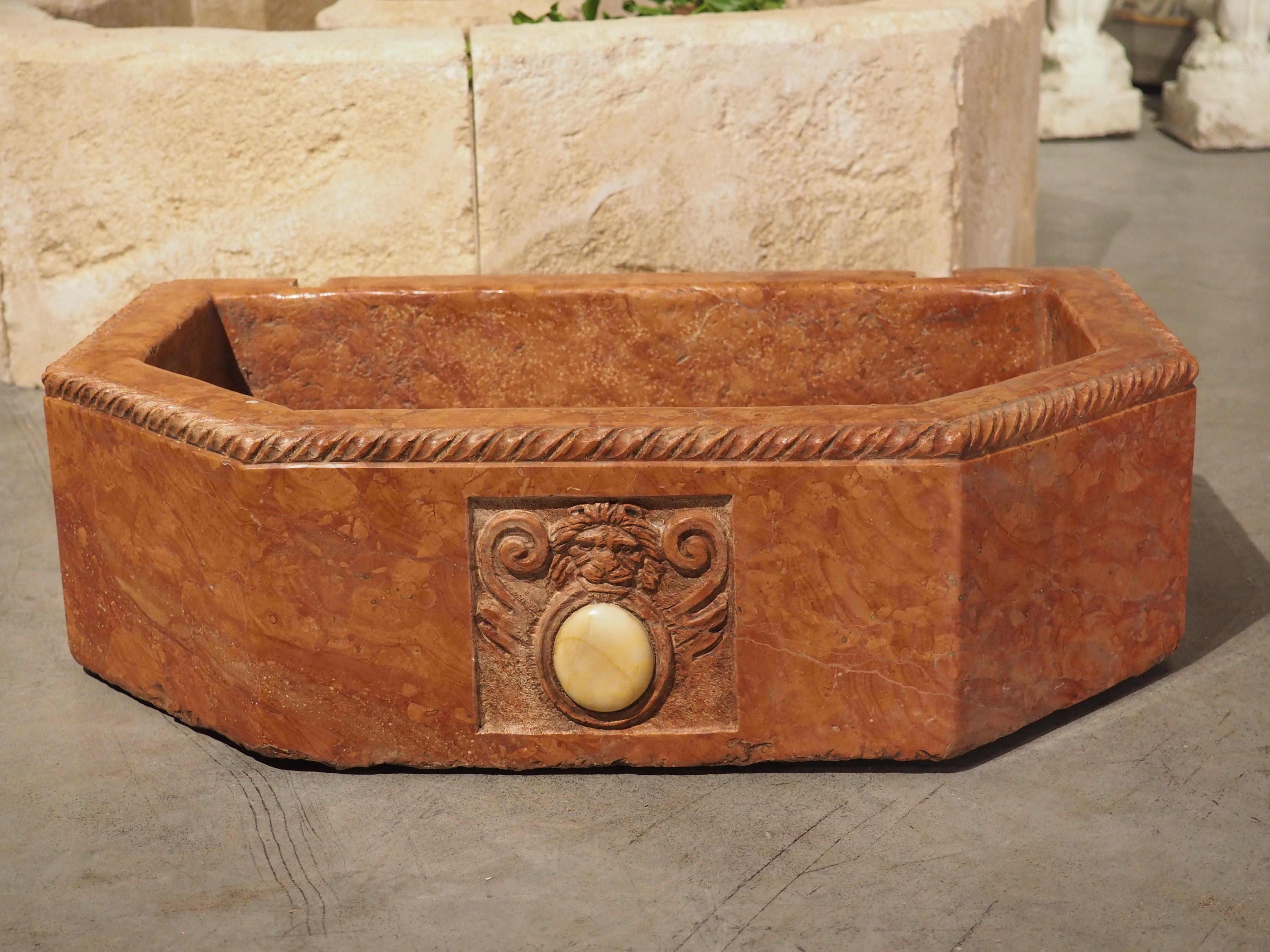 Italian Carved Hexagonal Marble Basin or Planter with Lion Cartouche 8