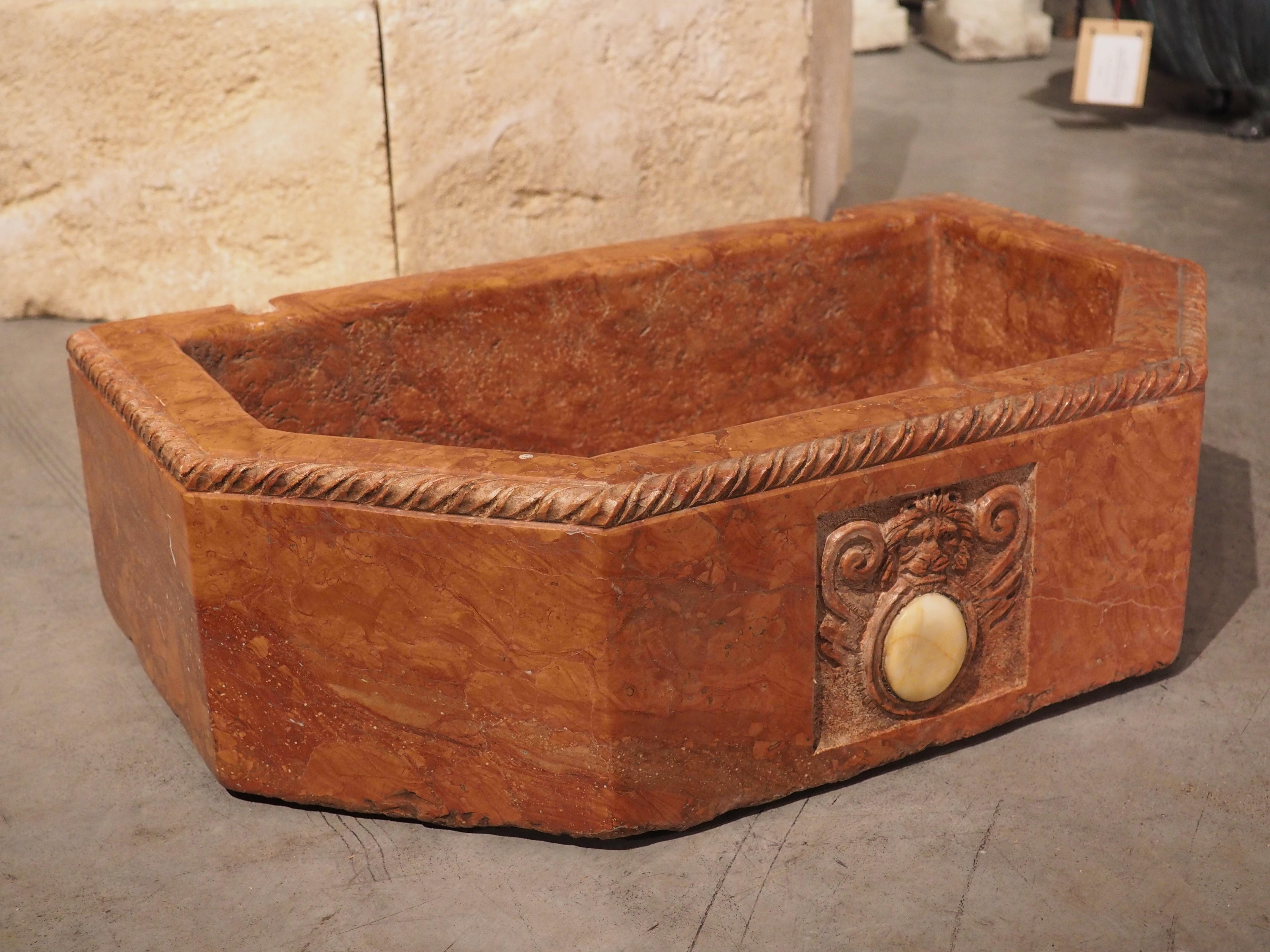 20th Century Italian Carved Hexagonal Marble Basin or Planter with Lion Cartouche