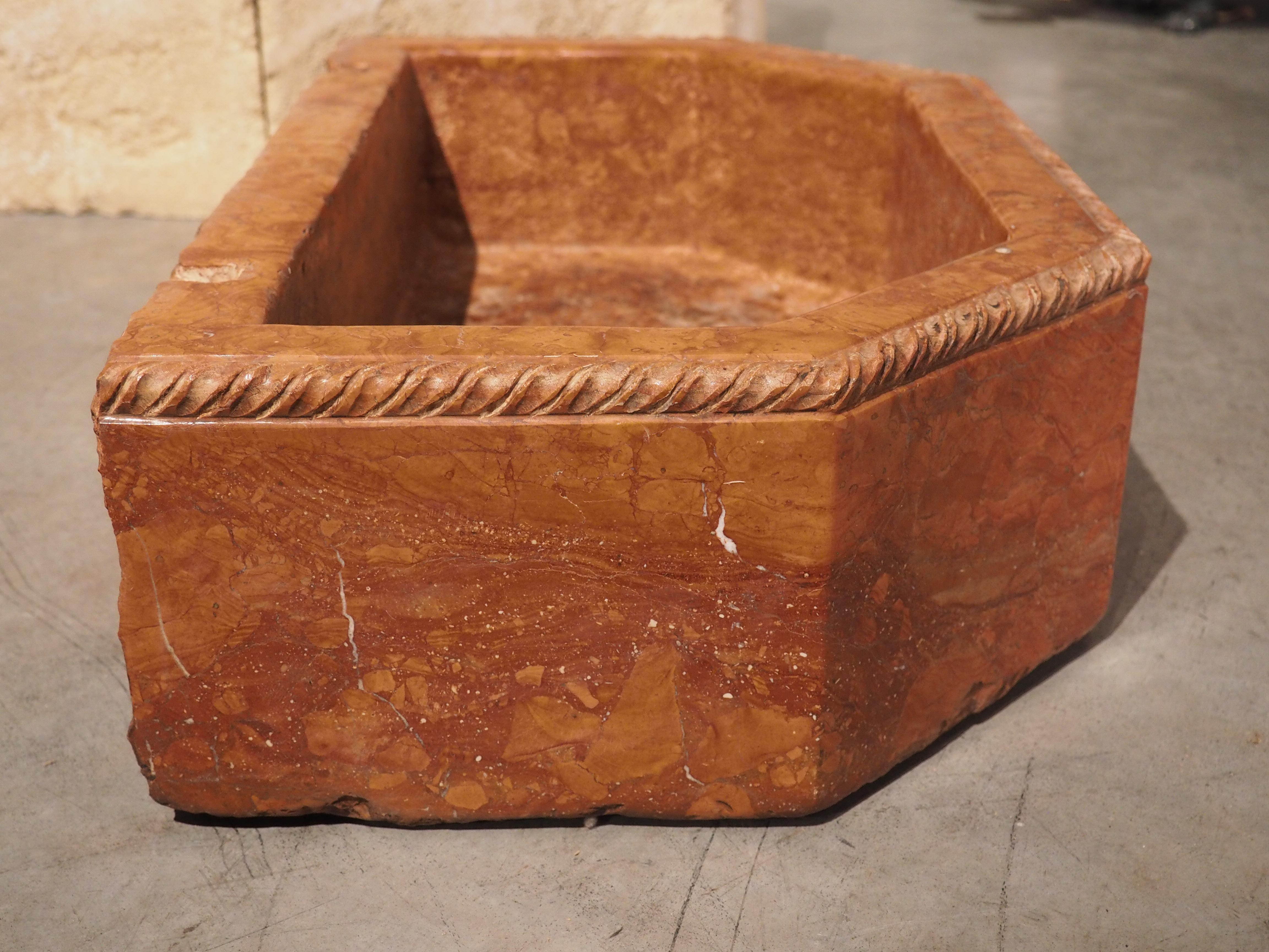Italian Carved Hexagonal Marble Basin or Planter with Lion Cartouche 1