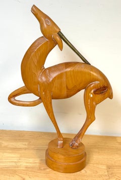 Italian Carved Limed Pine & Brass Deer Sculpture, 1970s