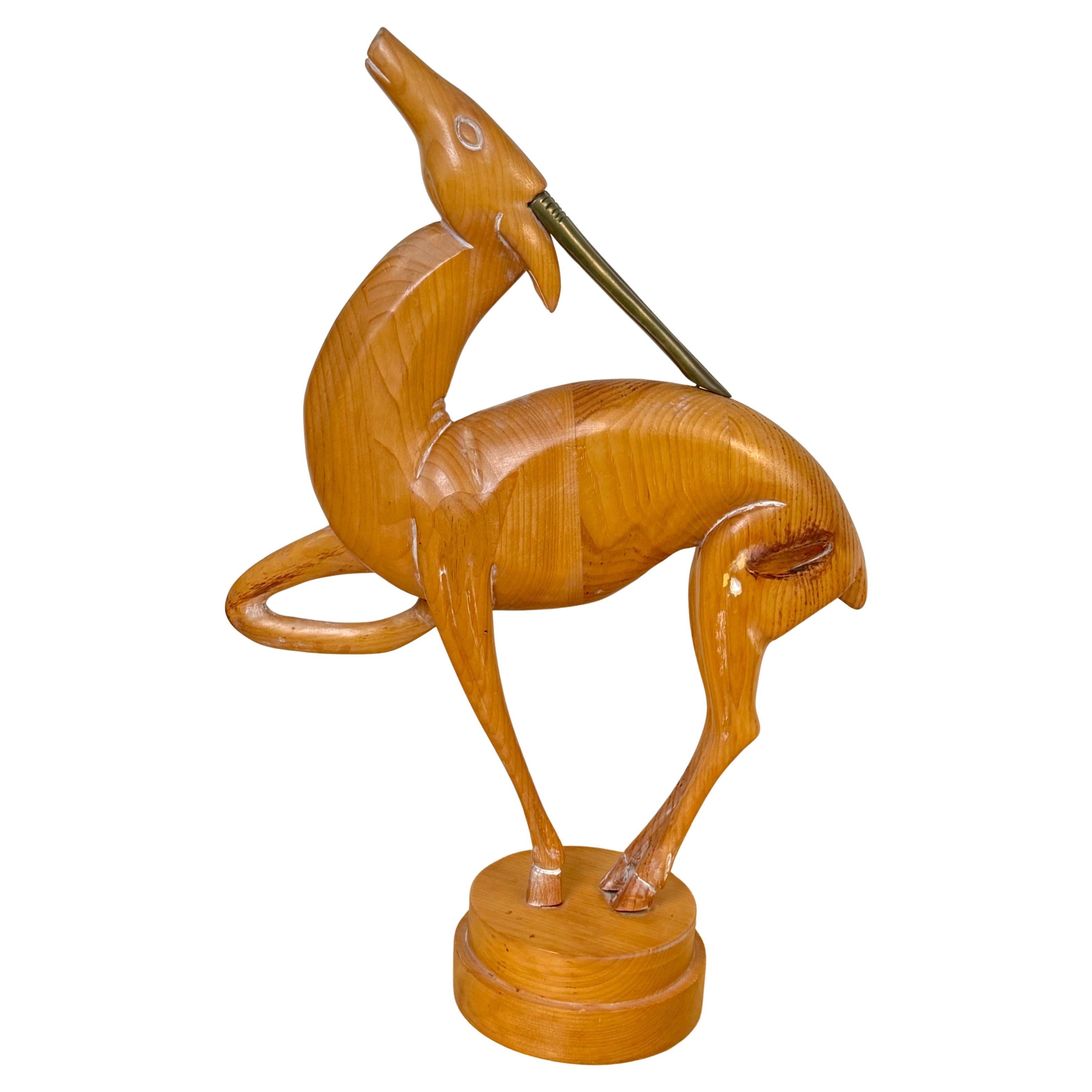 Italian Carved Limed Pine 
Brass Deer Sculpture, 1970s en vente