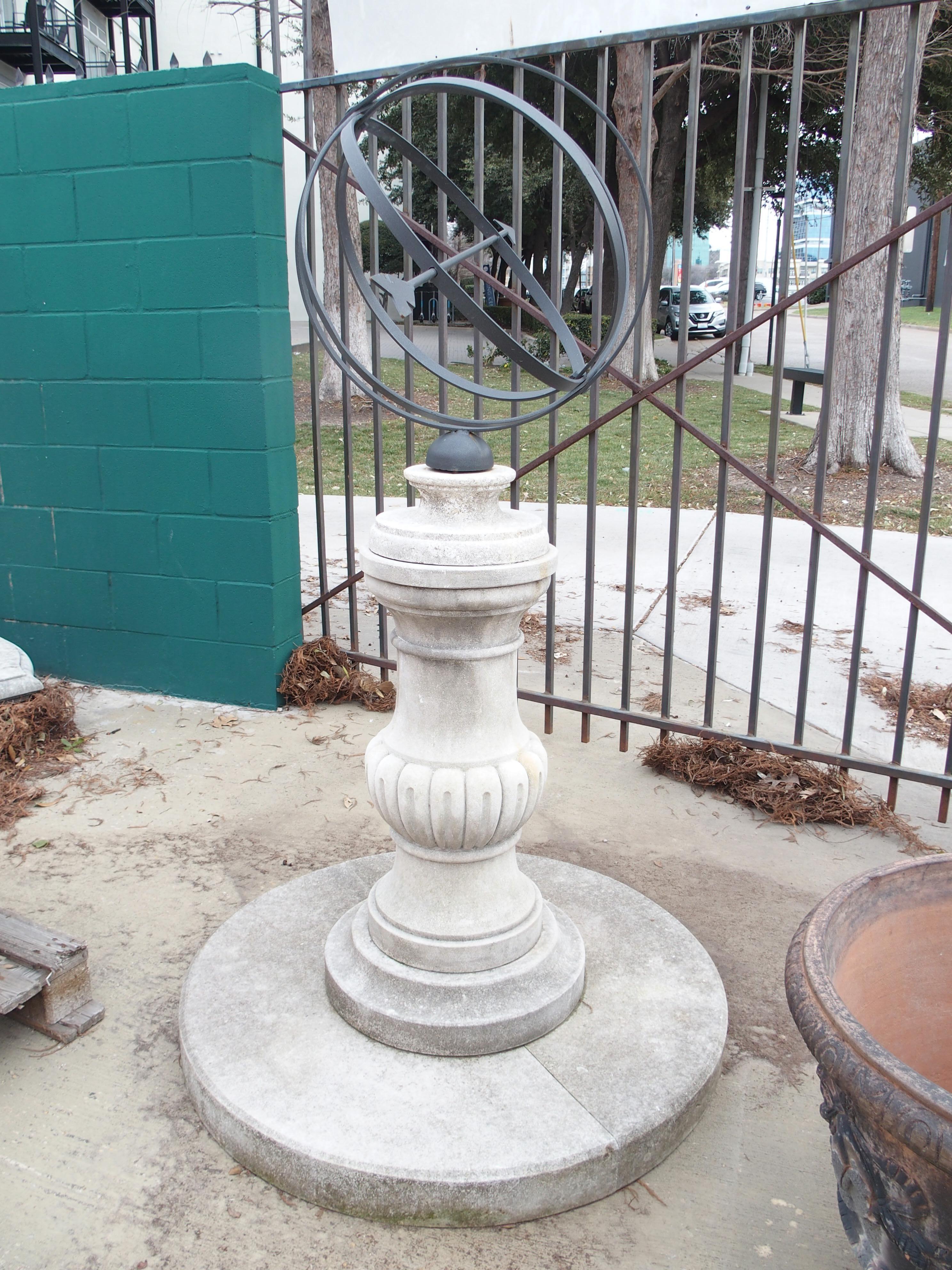 Hand-Carved Italian Carved Limestone Baluster Form Armillary Sundial with Circular Plinth For Sale