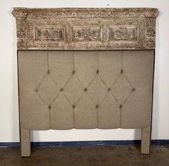 Belgium Linen Headboard w/ 19th C Italian Carved Antique Panel